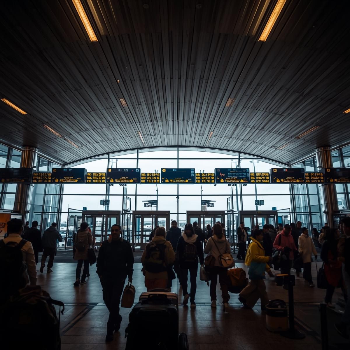 havalimanında kapıdan geçmek için bekleyen bir grup yolcu