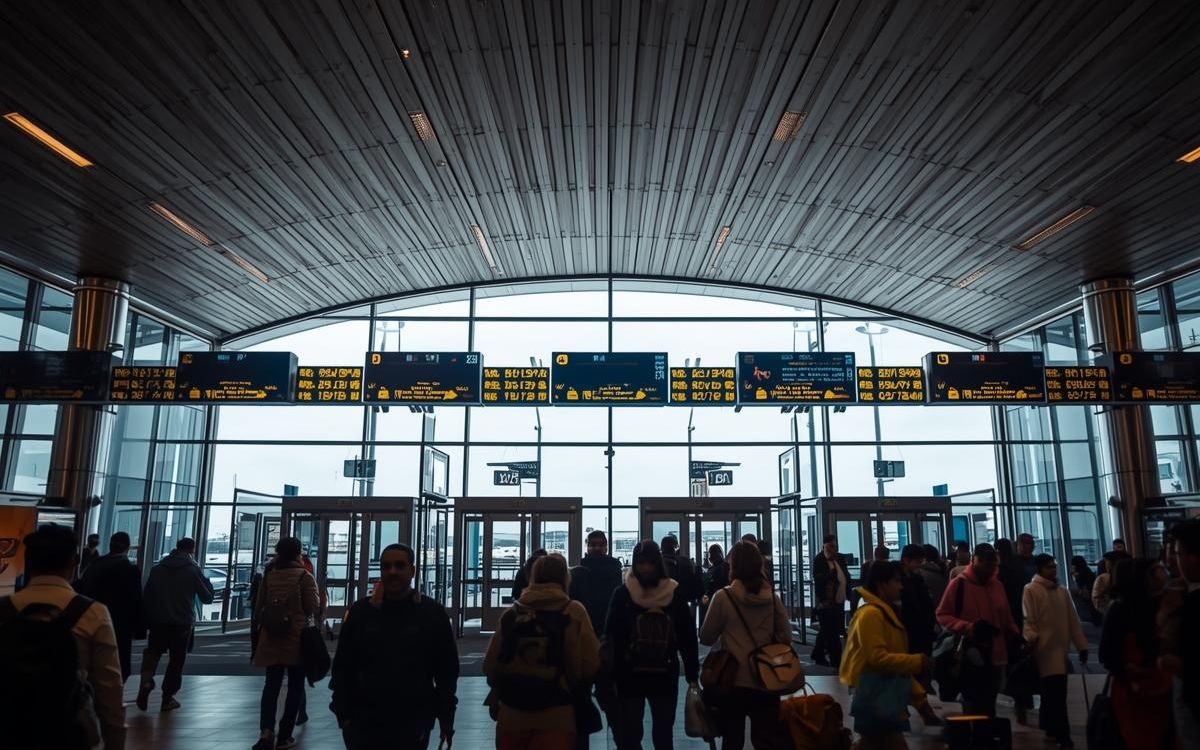 havalimanında kapıdan geçmek için bekleyen bir grup yolcu