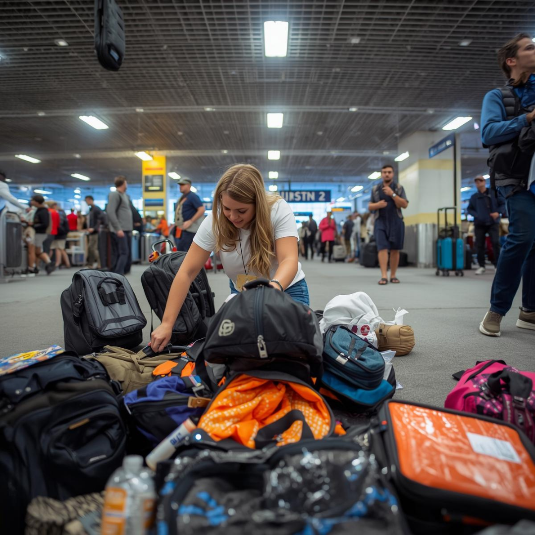 Uçuş öncesi bagaj kontrolü yapılan terminal alanı  Havalimanında bavul araması yapan görevli