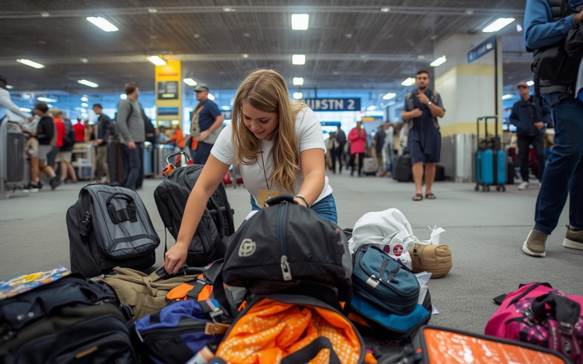 Uçuş öncesi bagaj kontrolü yapılan terminal alanı  Havalimanında bavul araması yapan görevli
