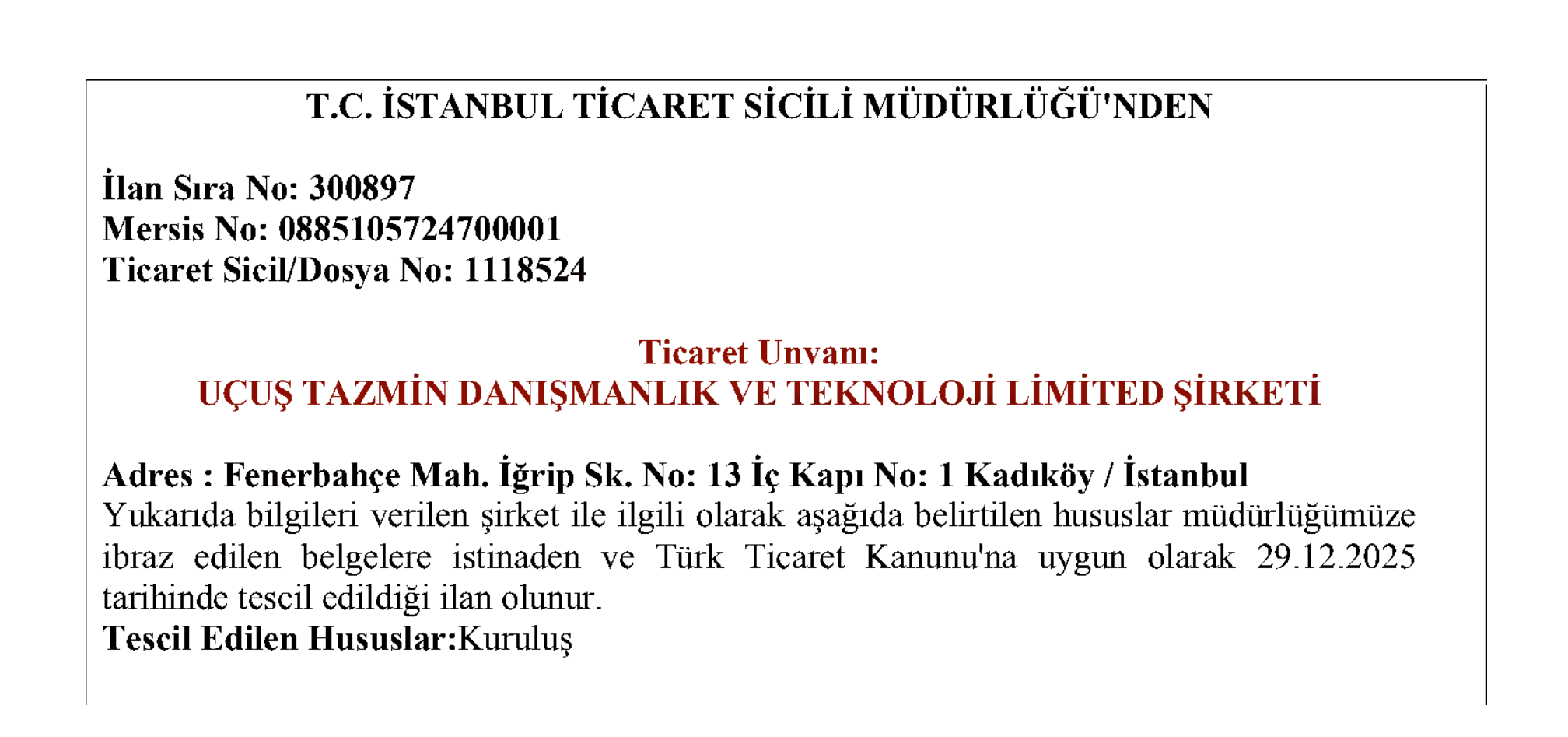 Ticaret Sicili kuruluş ilanımız