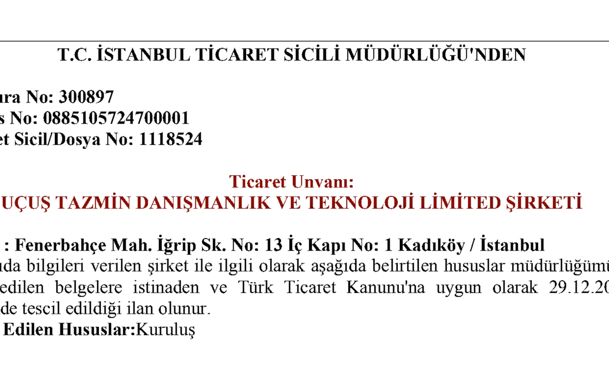 Ticaret Sicili kuruluş ilanımız