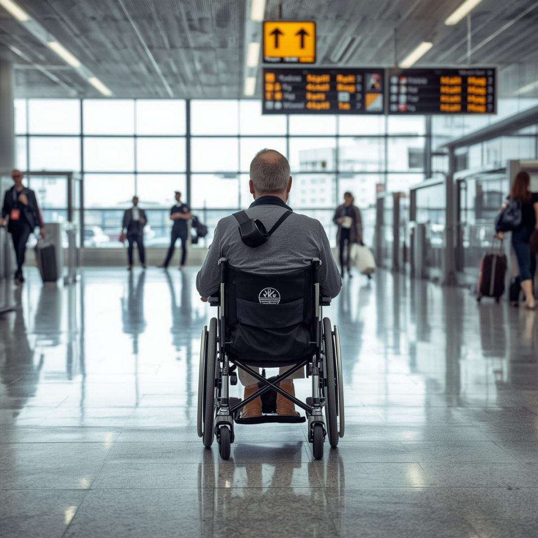 tekerkli sandalye ile havalimanında bekleyen bir adam