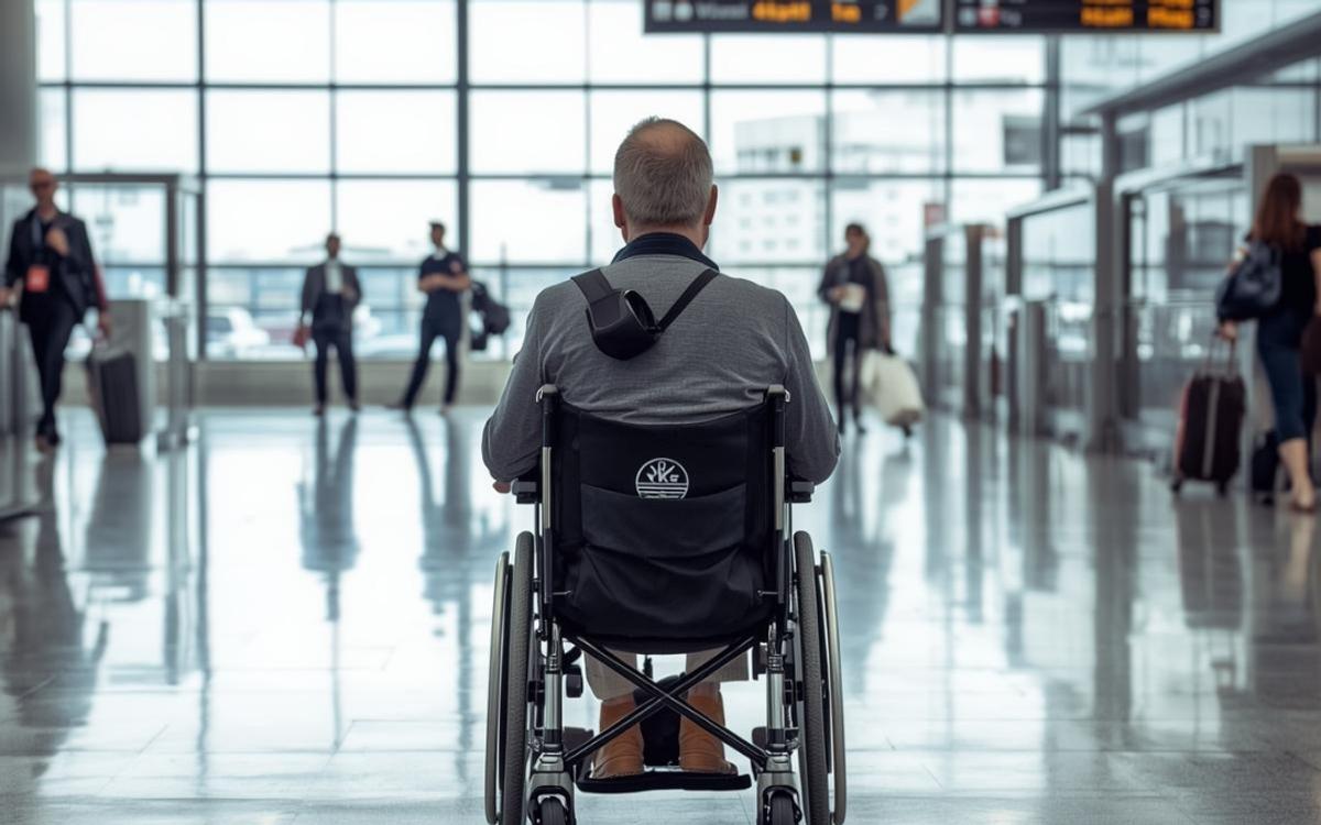 tekerkli sandalye ile havalimanında bekleyen bir adam