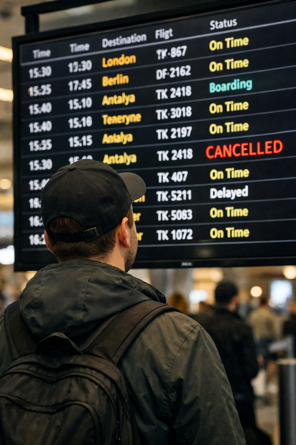 Uçuş iptali veya gecikme bilgisi gösteren dijital ekran  Terminalde uçuş durumunu inceleyen yolcu  Geciken veya iptal edilen uçuşu gösteren flight board