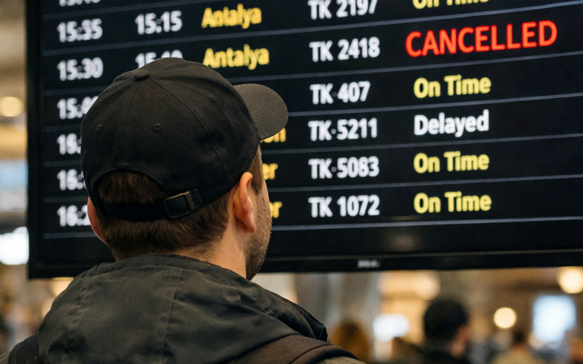 Uçuş iptali veya gecikme bilgisi gösteren dijital ekran  Terminalde uçuş durumunu inceleyen yolcu  Geciken veya iptal edilen uçuşu gösteren flight board