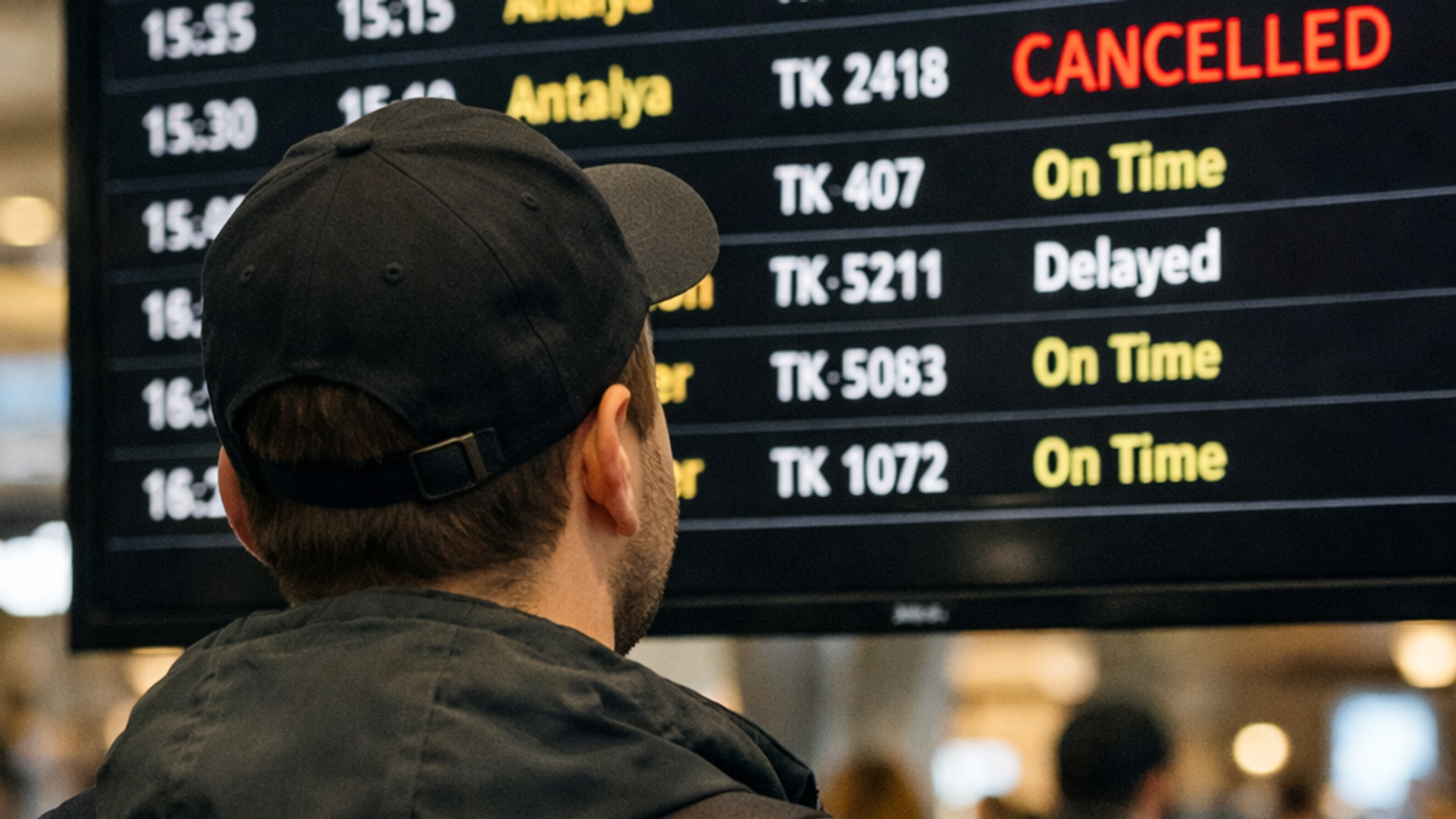 Uçuş iptali veya gecikme bilgisi gösteren dijital ekran Terminalde uçuş durumunu inceleyen yolcu Geciken veya iptal edilen uçuşu gösteren flight board