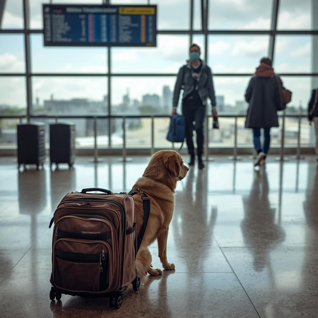 havalimanında bavulun yanında bekleyen bir golden evcil hayvan