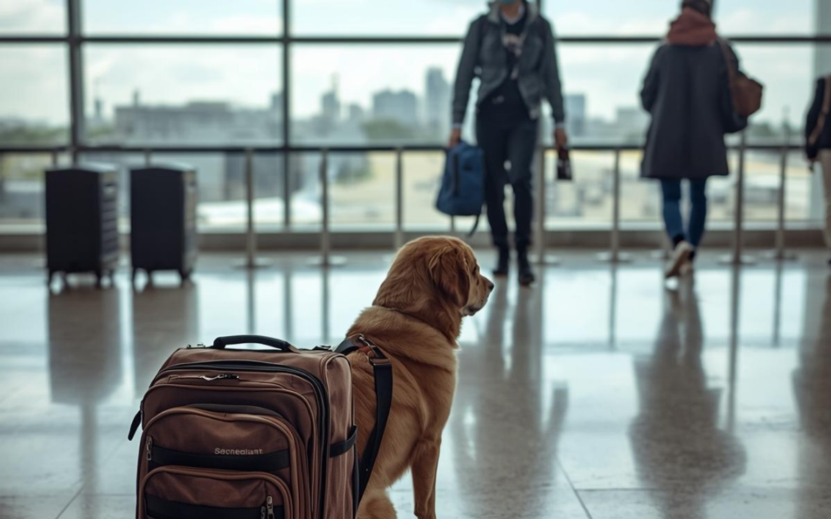 havalimanında bavulun yanında bekleyen bir golden evcil hayvan