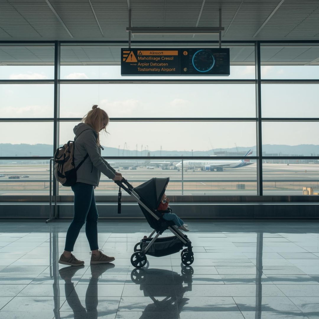 havalimanında bebek arabasıyla seyahat eden bir anne