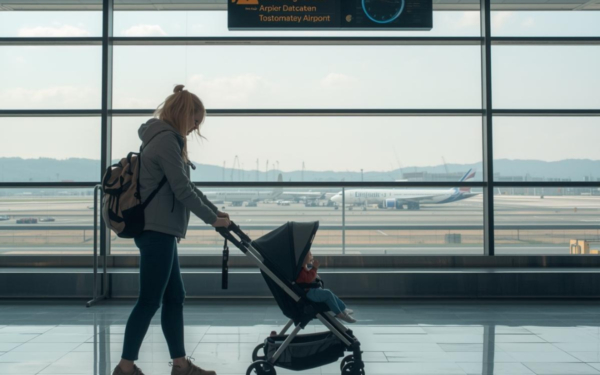 havalimanında bebek arabasıyla seyahat eden bir anne