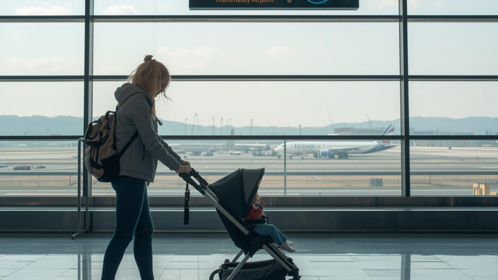 havalimanında bebek arabasıyla seyahat eden bir anne