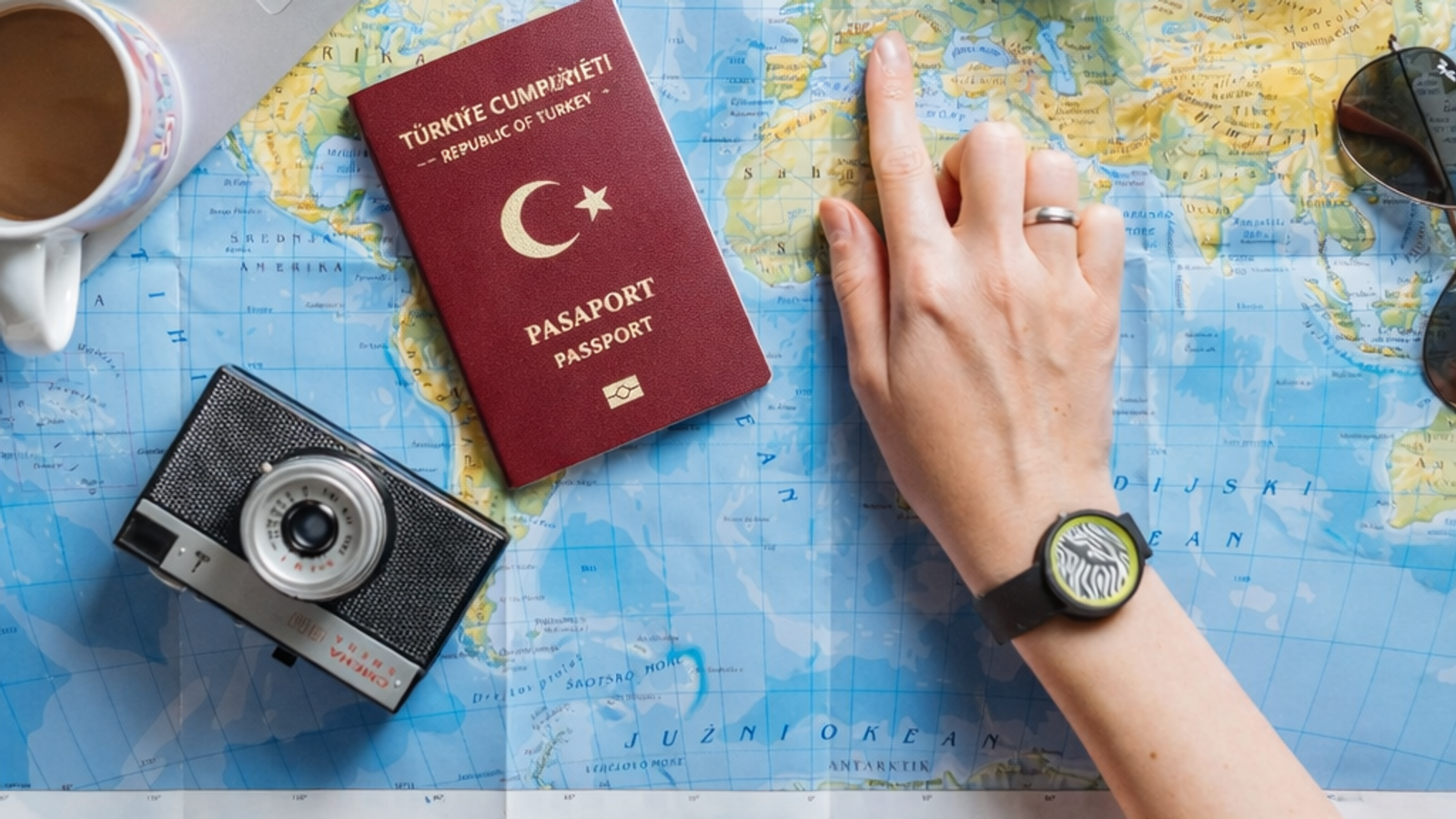masa üzerinde pasaport, fotoğraf makinası, laptop ve harita