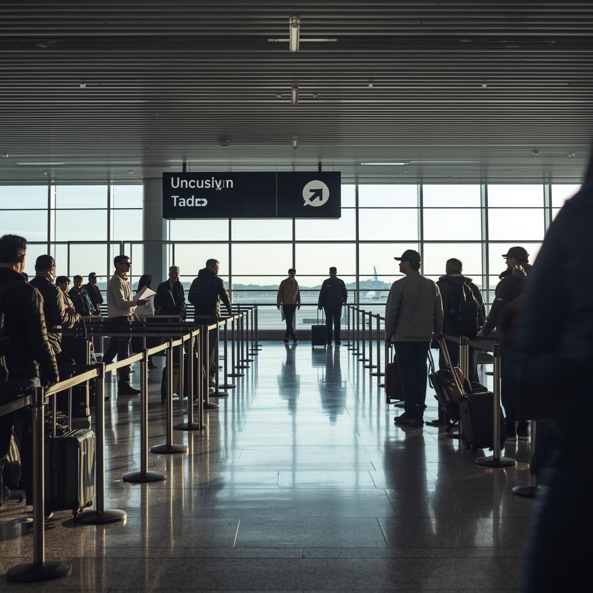 Havalimanında chek-in sırasında bekleyen insanlar