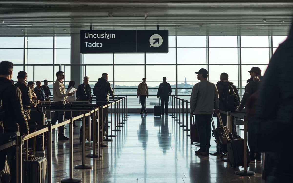 Havalimanında chek-in sırasında bekleyen insanlar