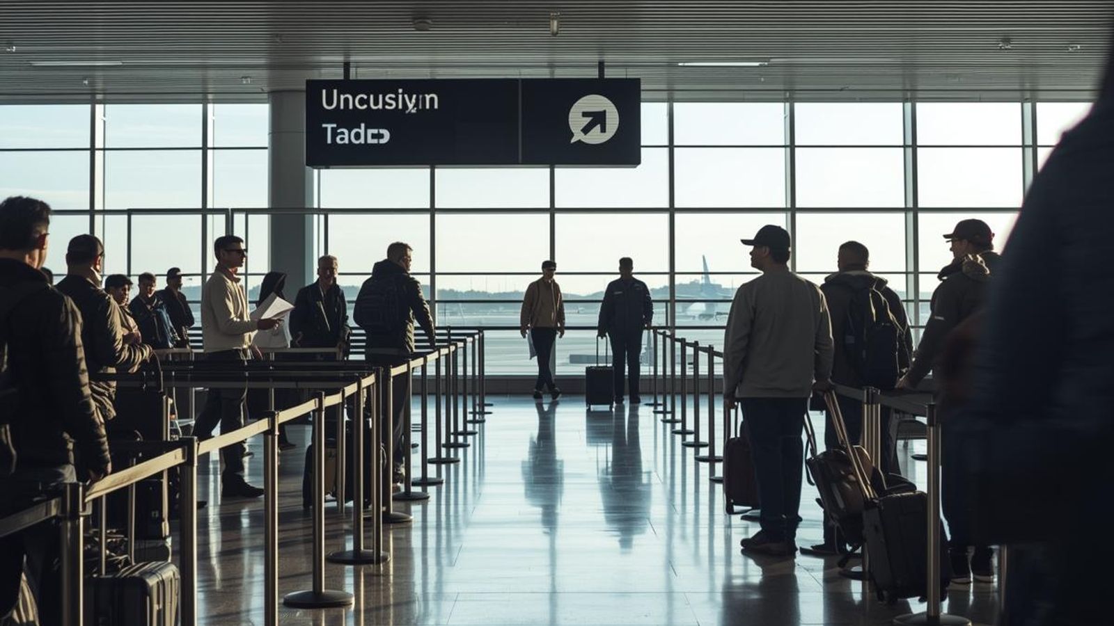 Havalimanında chek-in sırasında bekleyen insanlar