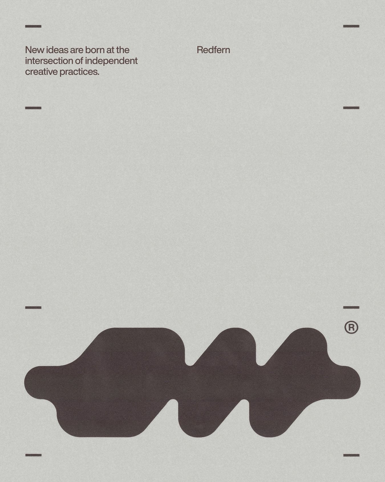Abstract variant of the logomark framed by registration marks, paired with the line “New ideas are born at the intersection of independent creative practices.”