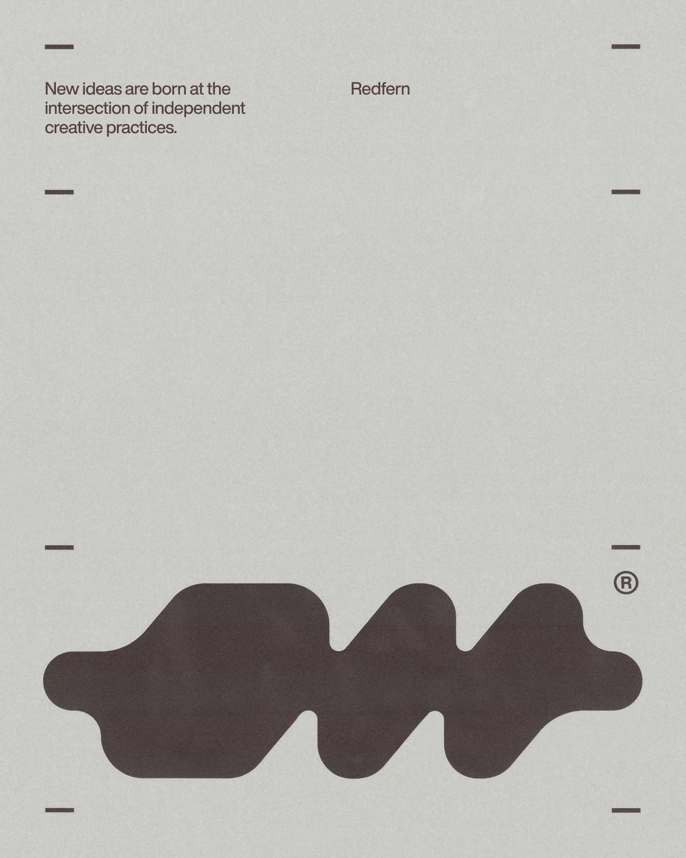 Abstract variant of the logomark framed by registration marks, paired with the line “New ideas are born at the intersection of independent creative practices.”