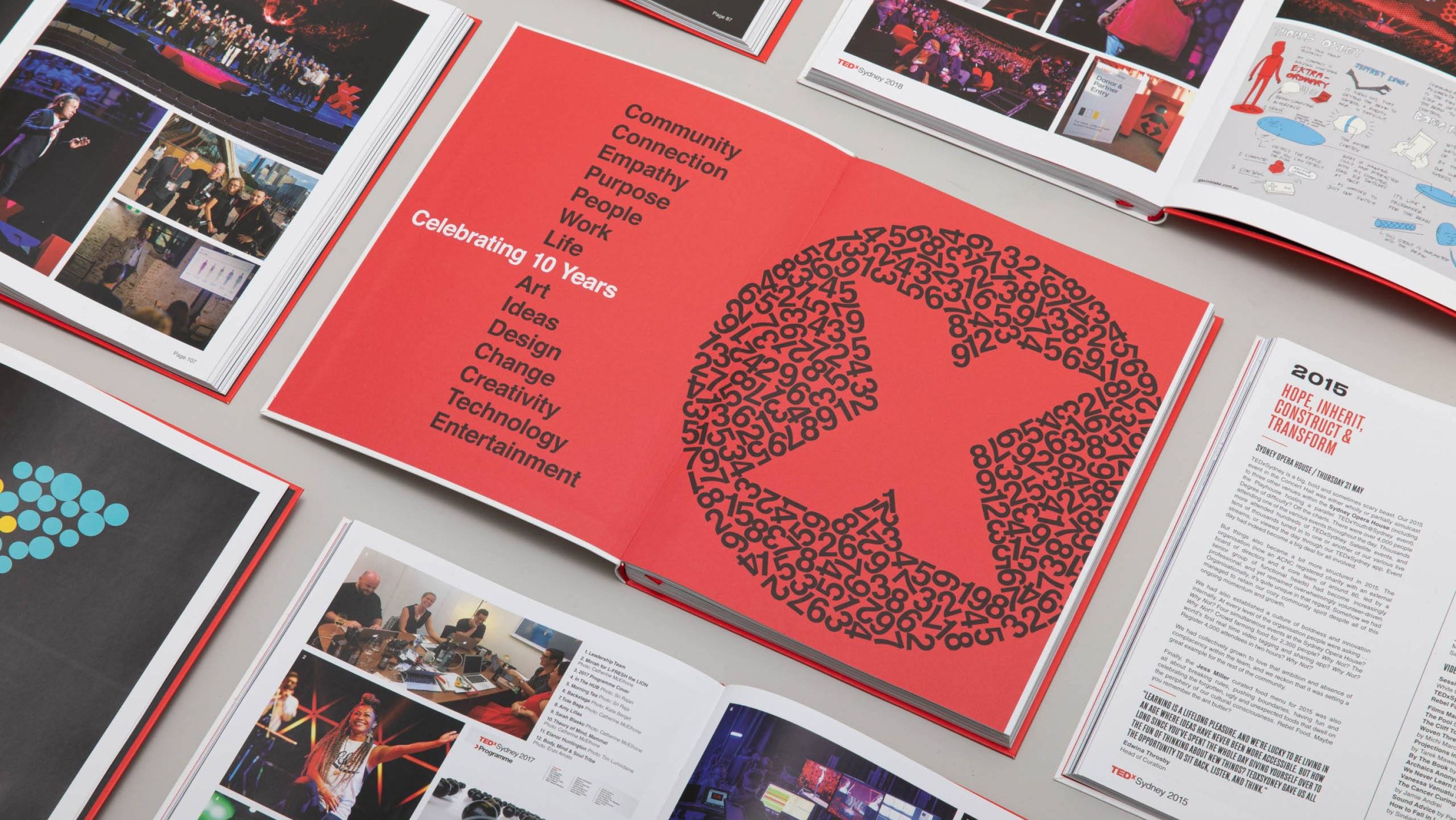 A selection of internal spreads from the book, with a spread heroing the central event graphic comprised of a circular form made of several randomly placed numbers and the X logomark cutting out a silhouette.