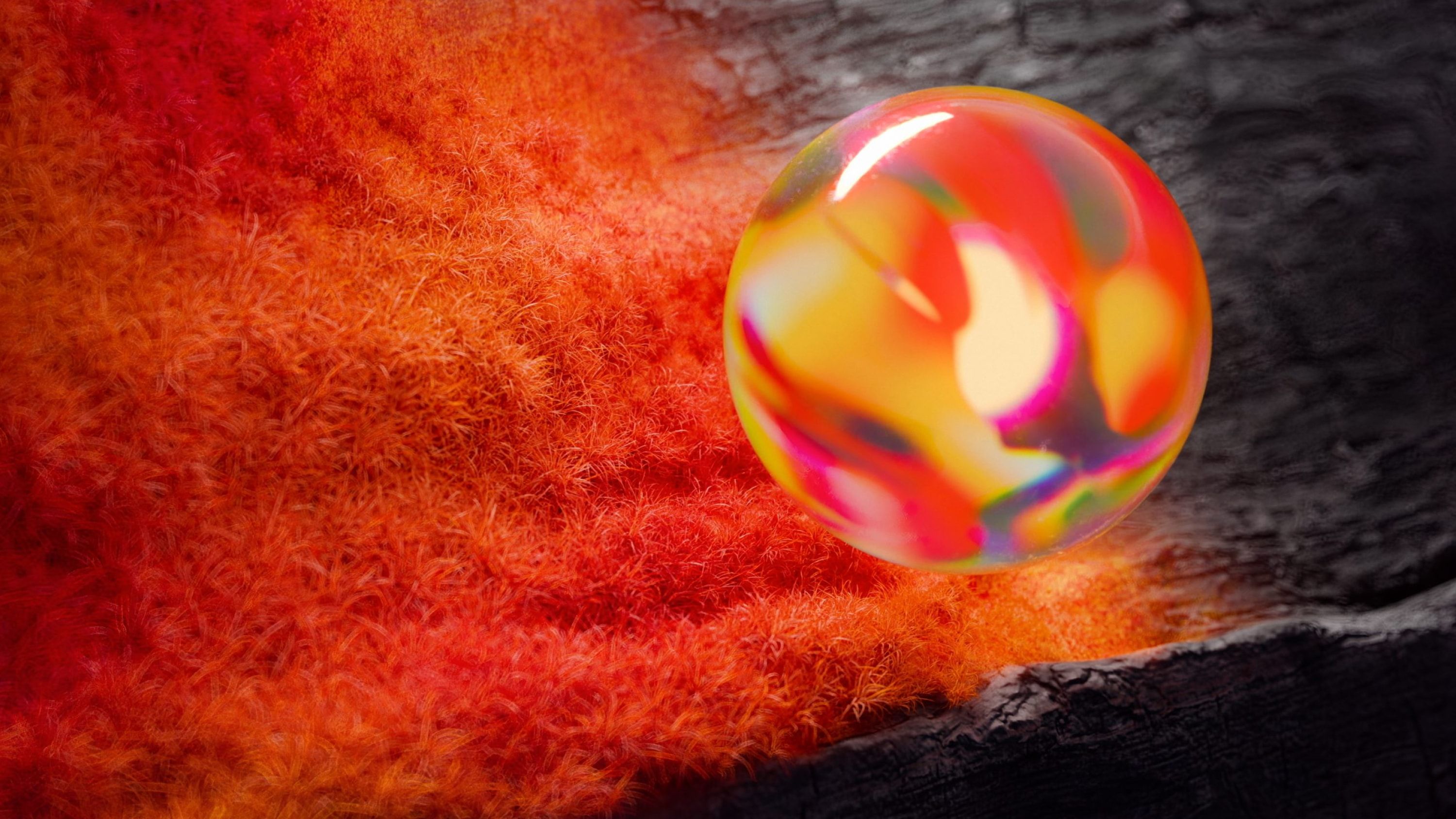 Sphere with orange grass behind it.