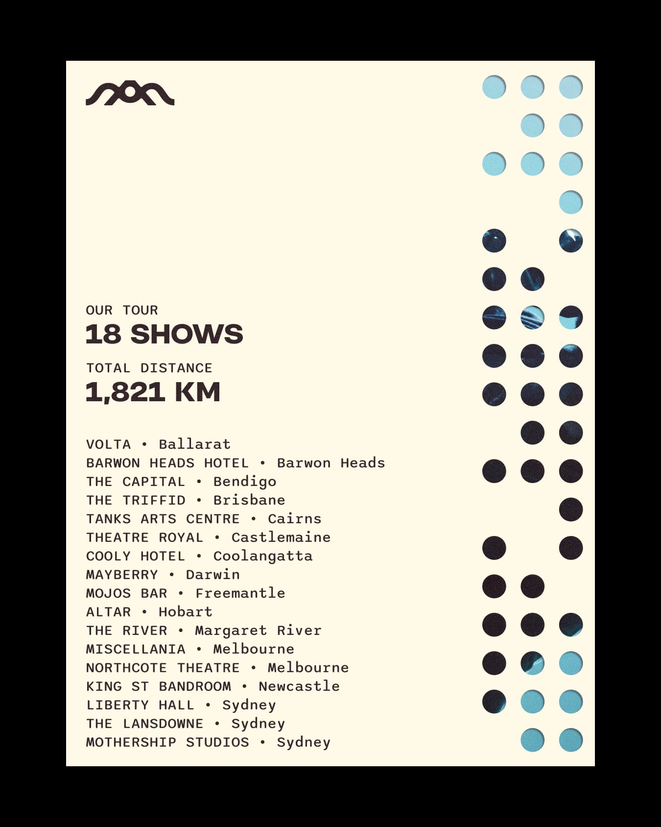 Tour poster listing 18 shows, 1,821 km and venues, beside circular photo cutouts.