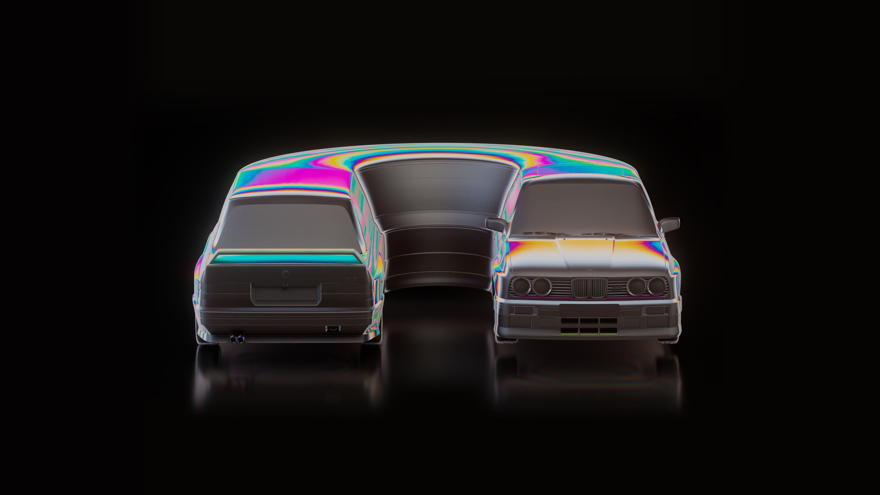 3D render of the car stretched and bent into a U shape. Iridescent reflections across its bodywork.