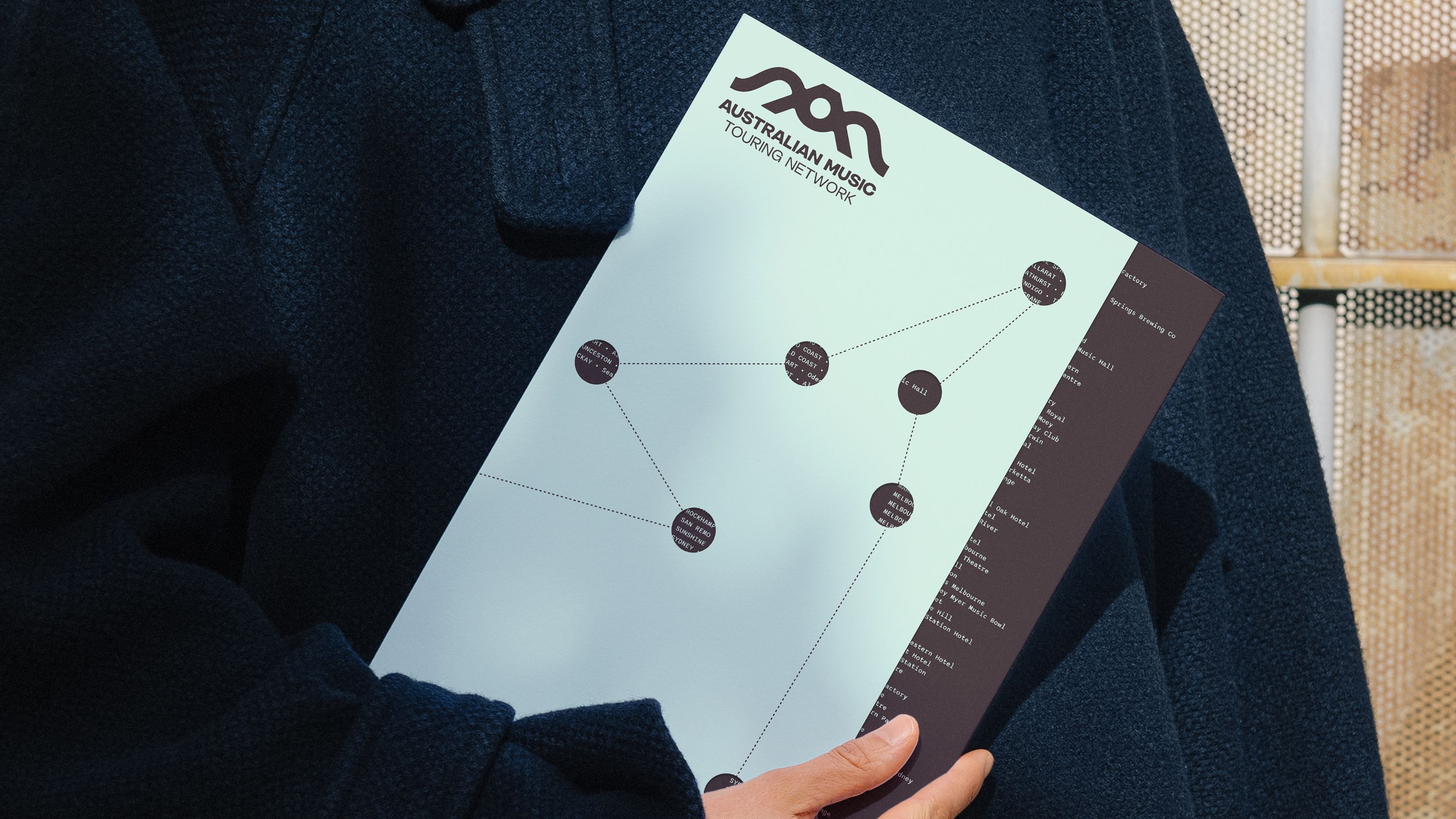 Printed AMTN piece with circular cutouts linked by dotted routes.