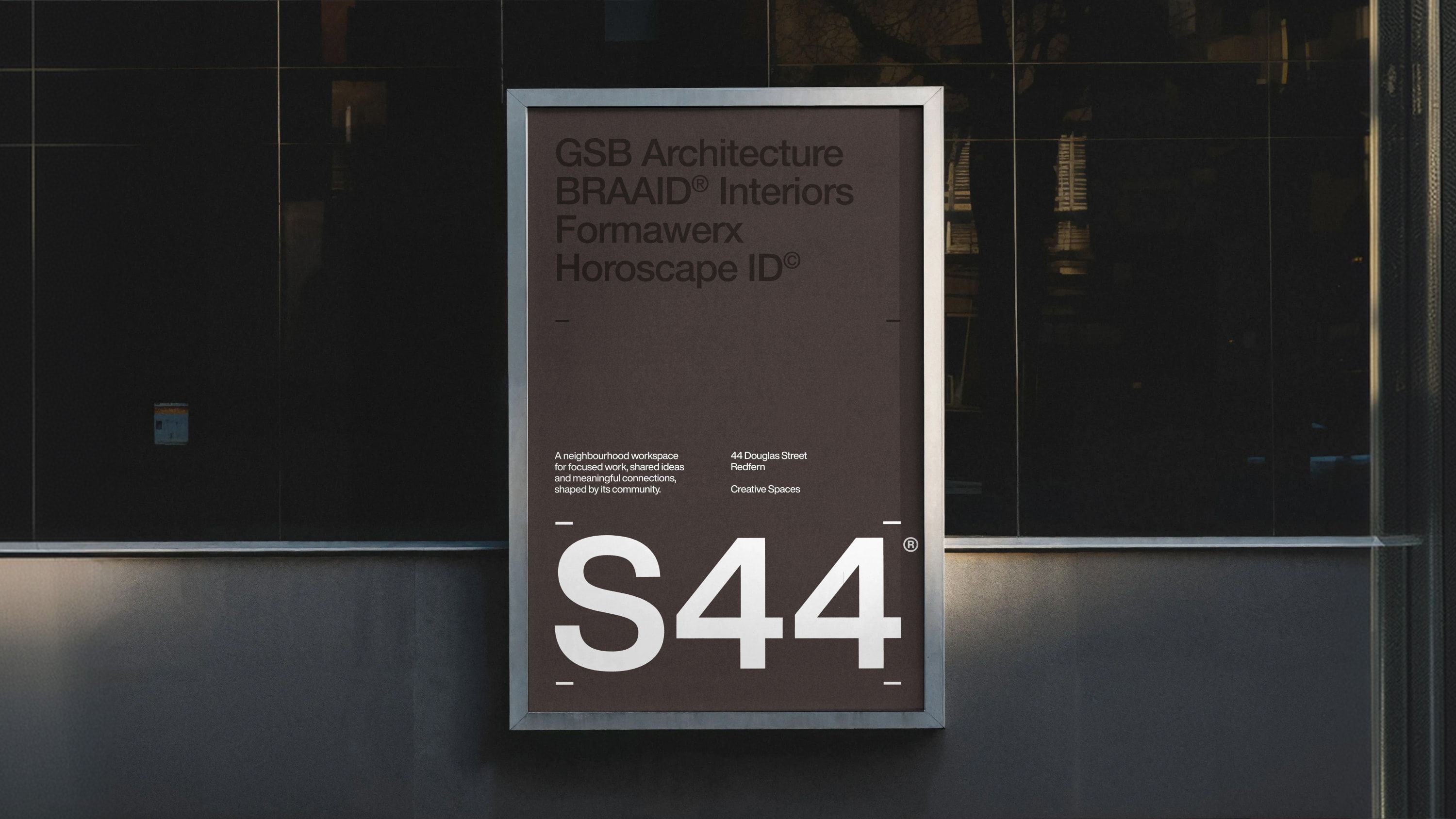 Mockup: sign listing resident creative practices above an abbreviated S44 wordmark, both surrounded by registration marks.