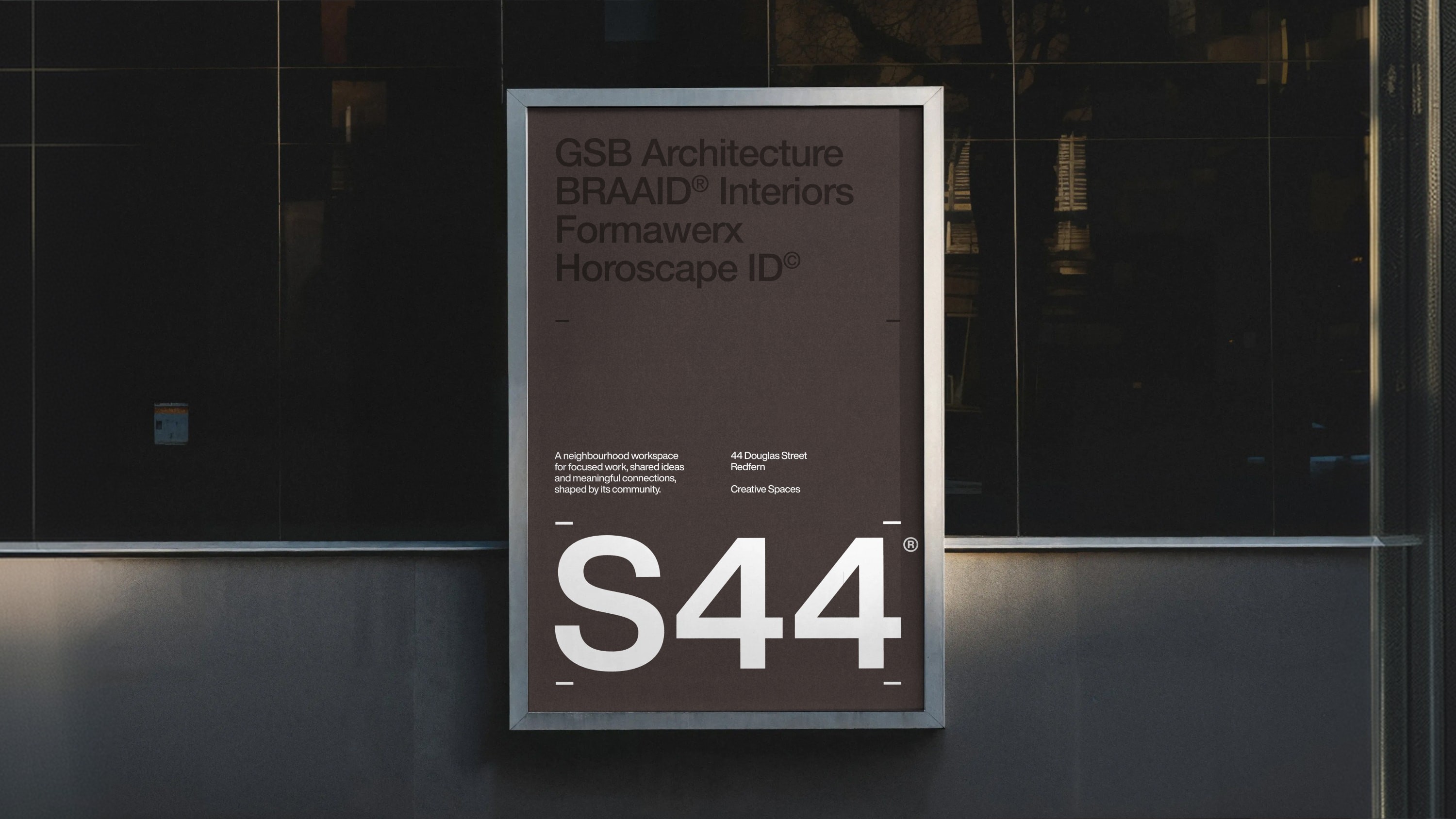 Mockup: sign listing resident creative practices above an abbreviated S44 wordmark, both surrounded by registration marks.