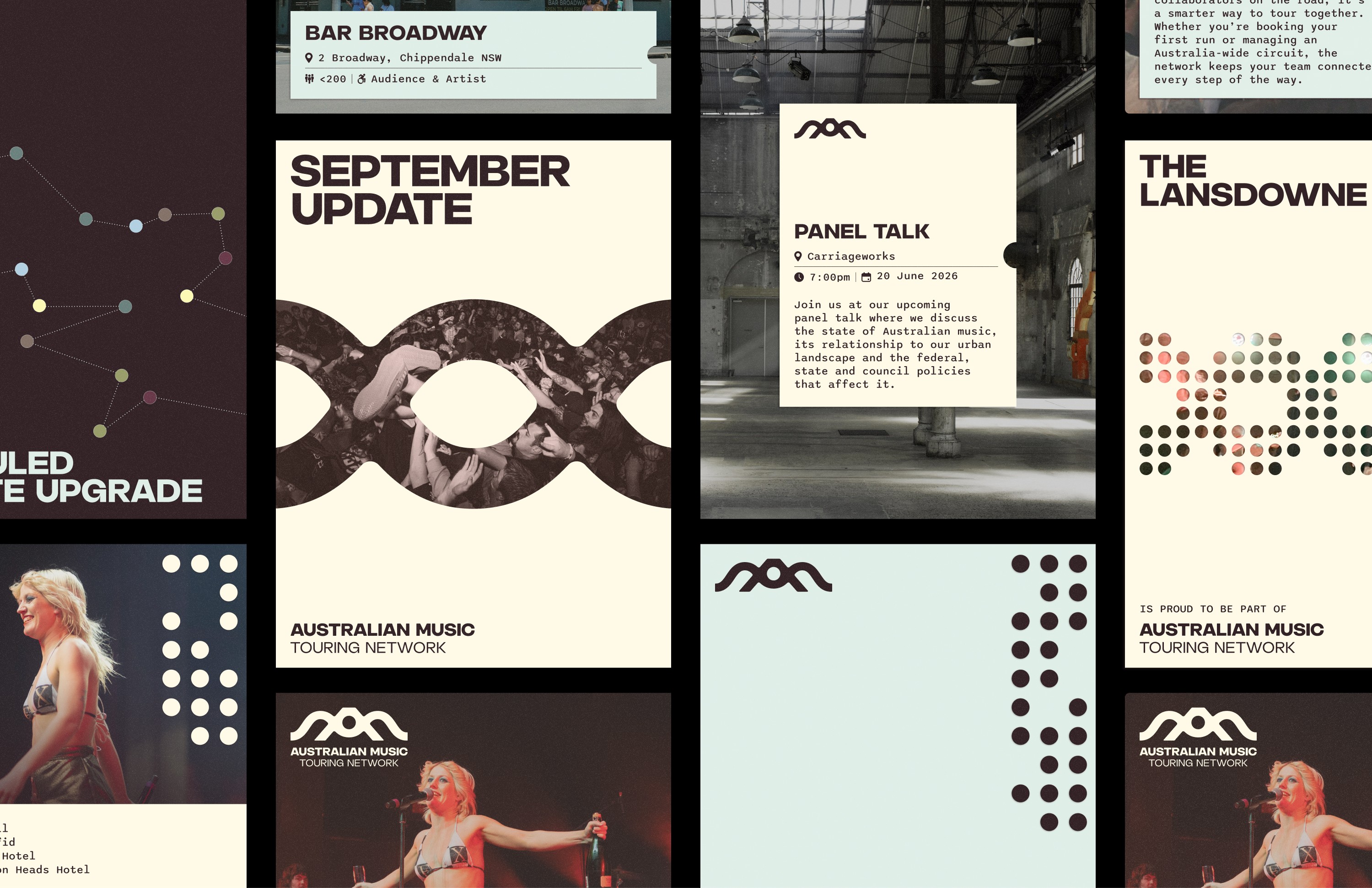 AMTN campaign layouts combining concert photography, circular patterns and bold type.