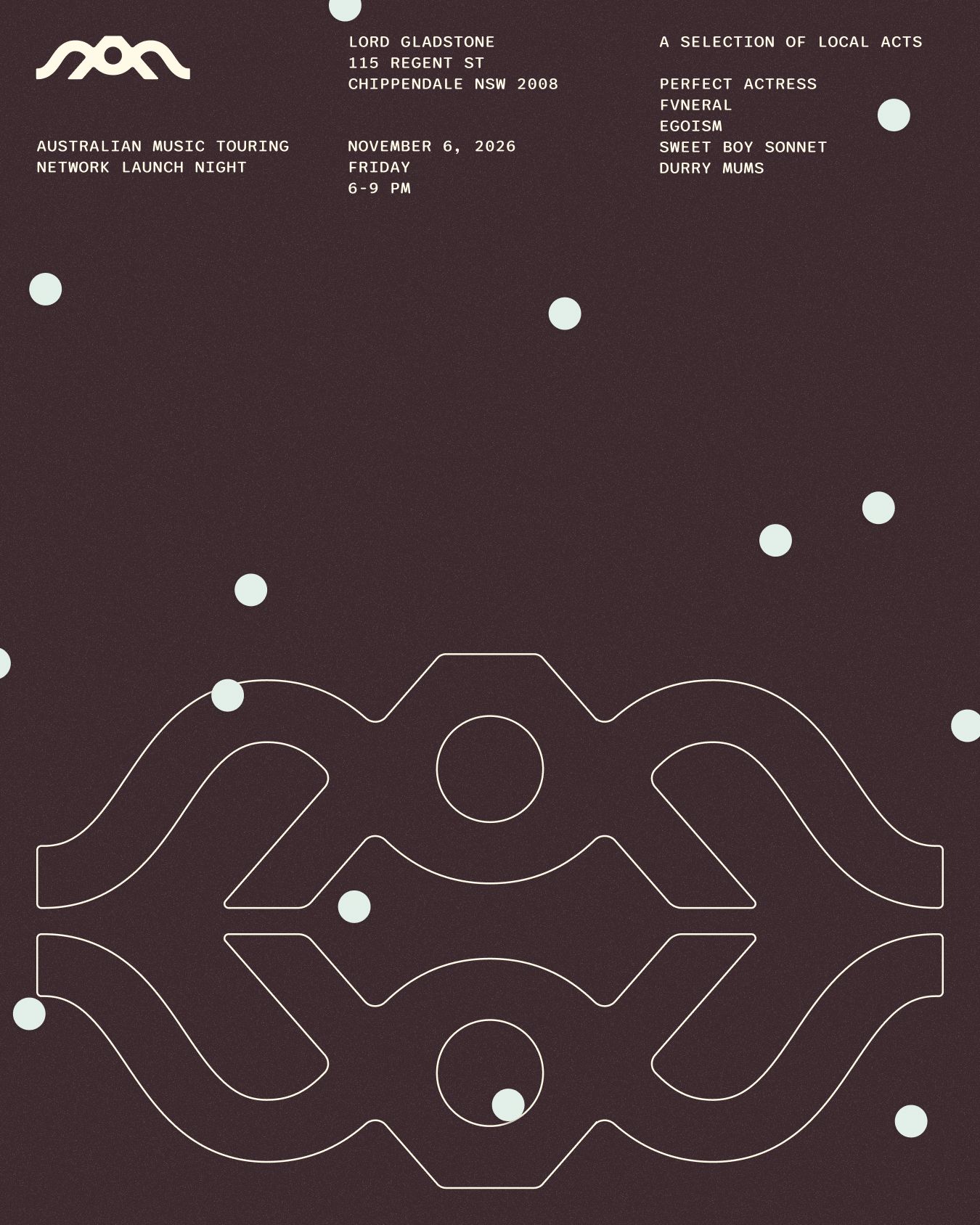 AMTN launch-night poster with scattered mint circles and mirrored outline symbols.