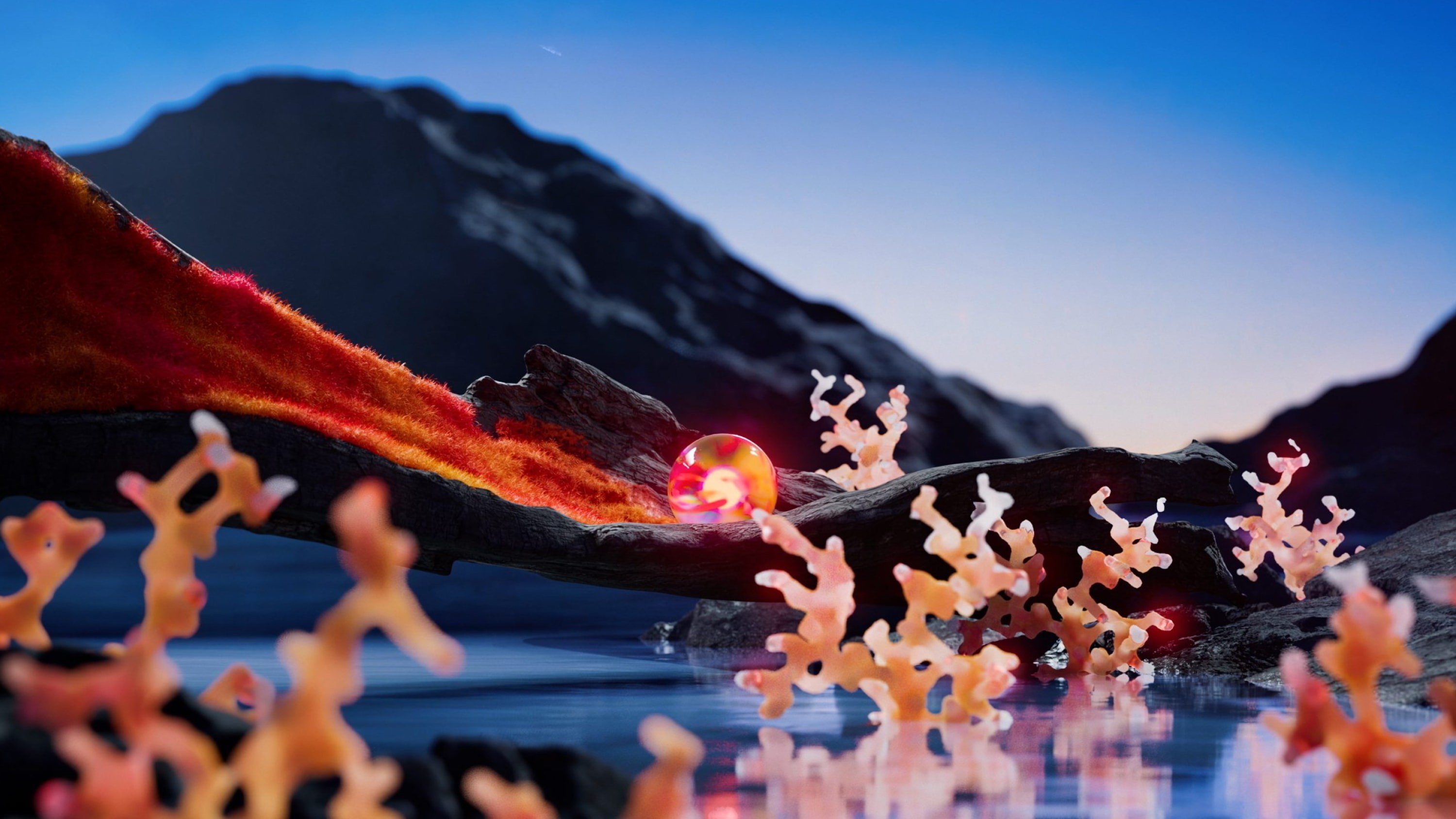 Illuminated sphere surrounded by coral emerging from water.