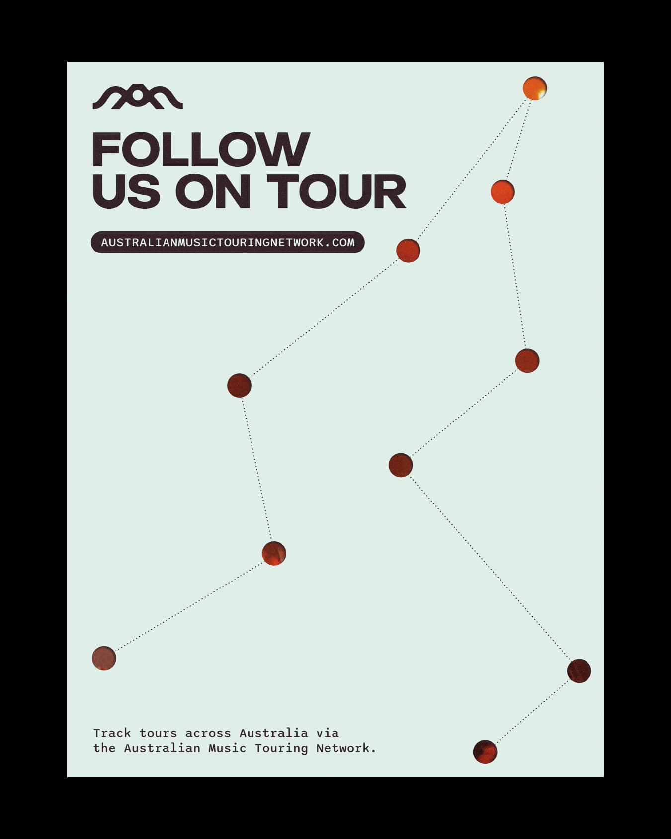 “Follow us on tour” poster with circular cutouts connected by dotted routes.