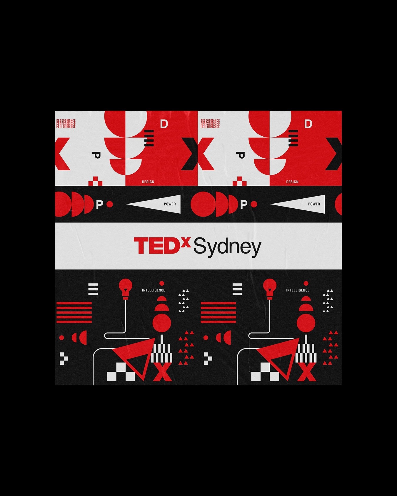 Collateral with the logo and red, black and white abstract patterns comprised of geometric shapes.