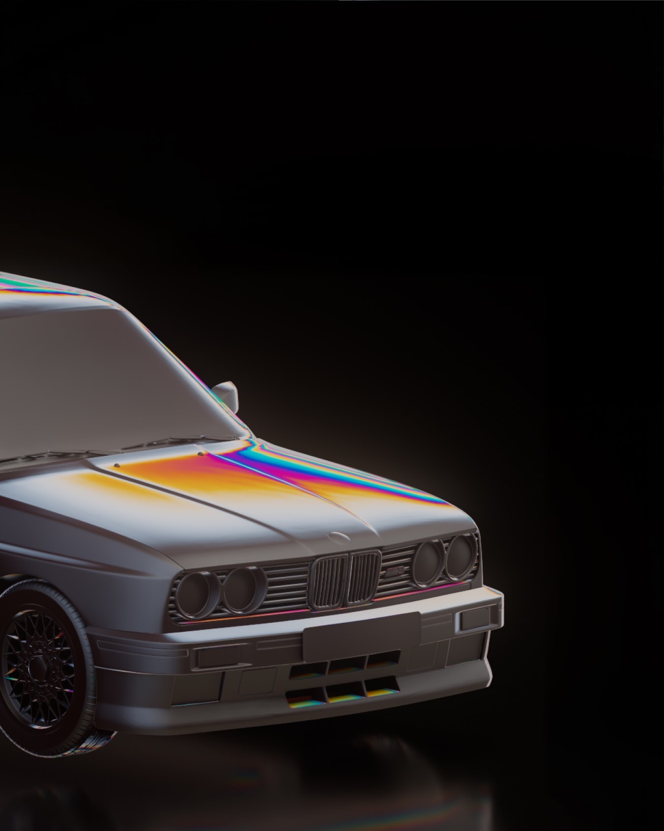 Close-up of the car’s front end with iridescent colour across the bonnet.