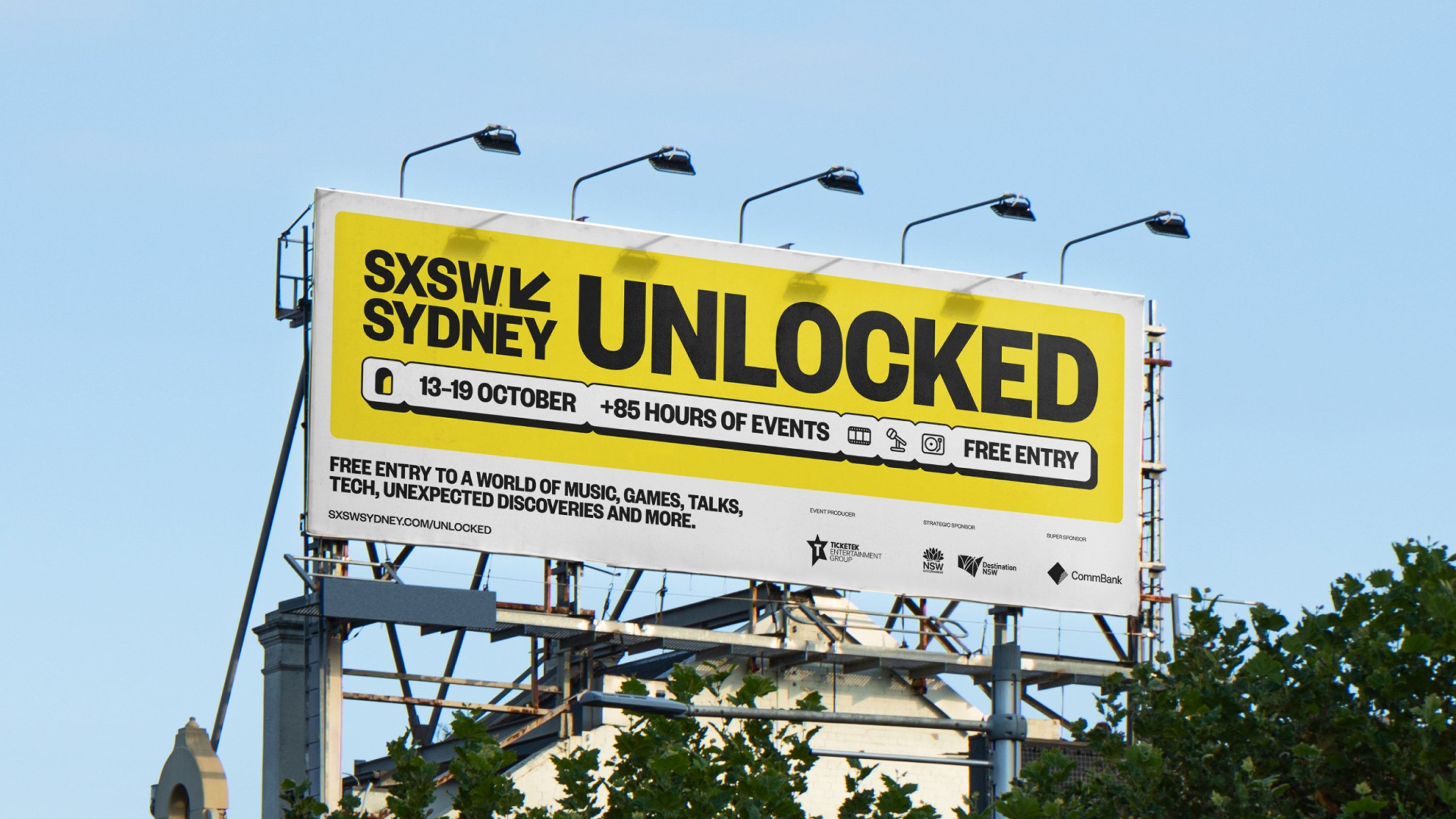 Billboard with logo and row of linking tiles with date, offerings and ‘free entry