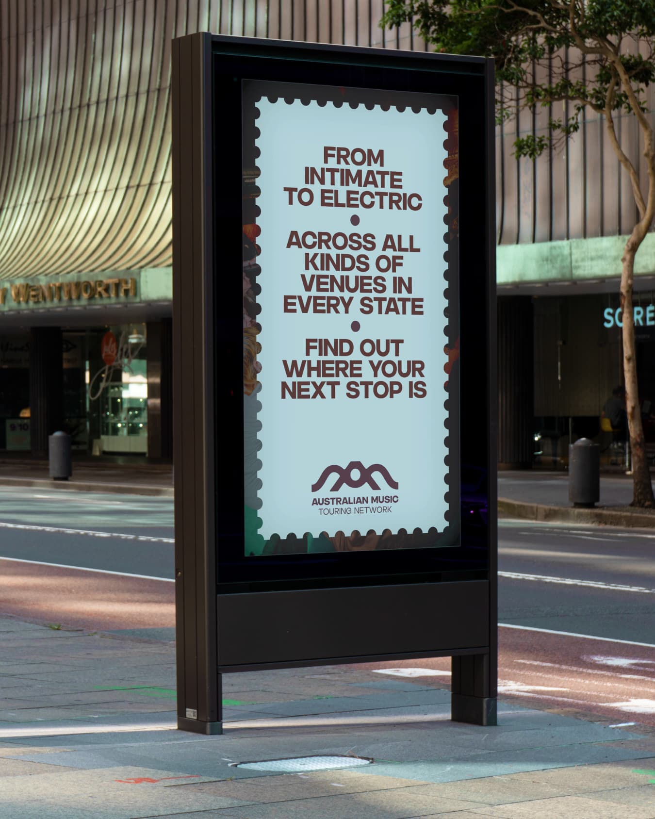 Ticket-edged street poster reading “From intimate to electric. Across all kinds of venues in every state. Find out where your next stop is.”