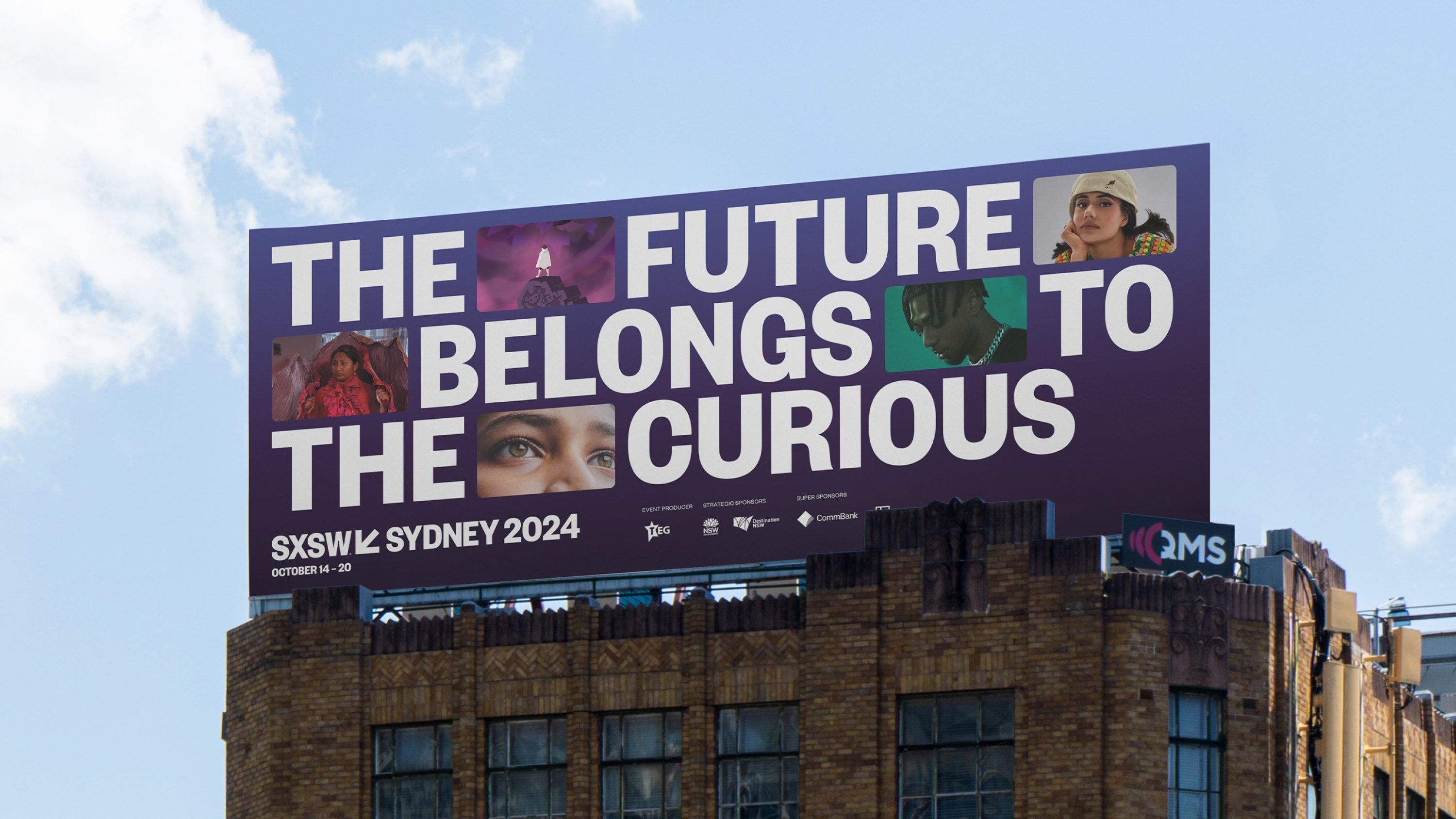 Billboard with campaign headline 'The future belongs to the curious'. Images fill the gaps between the words.