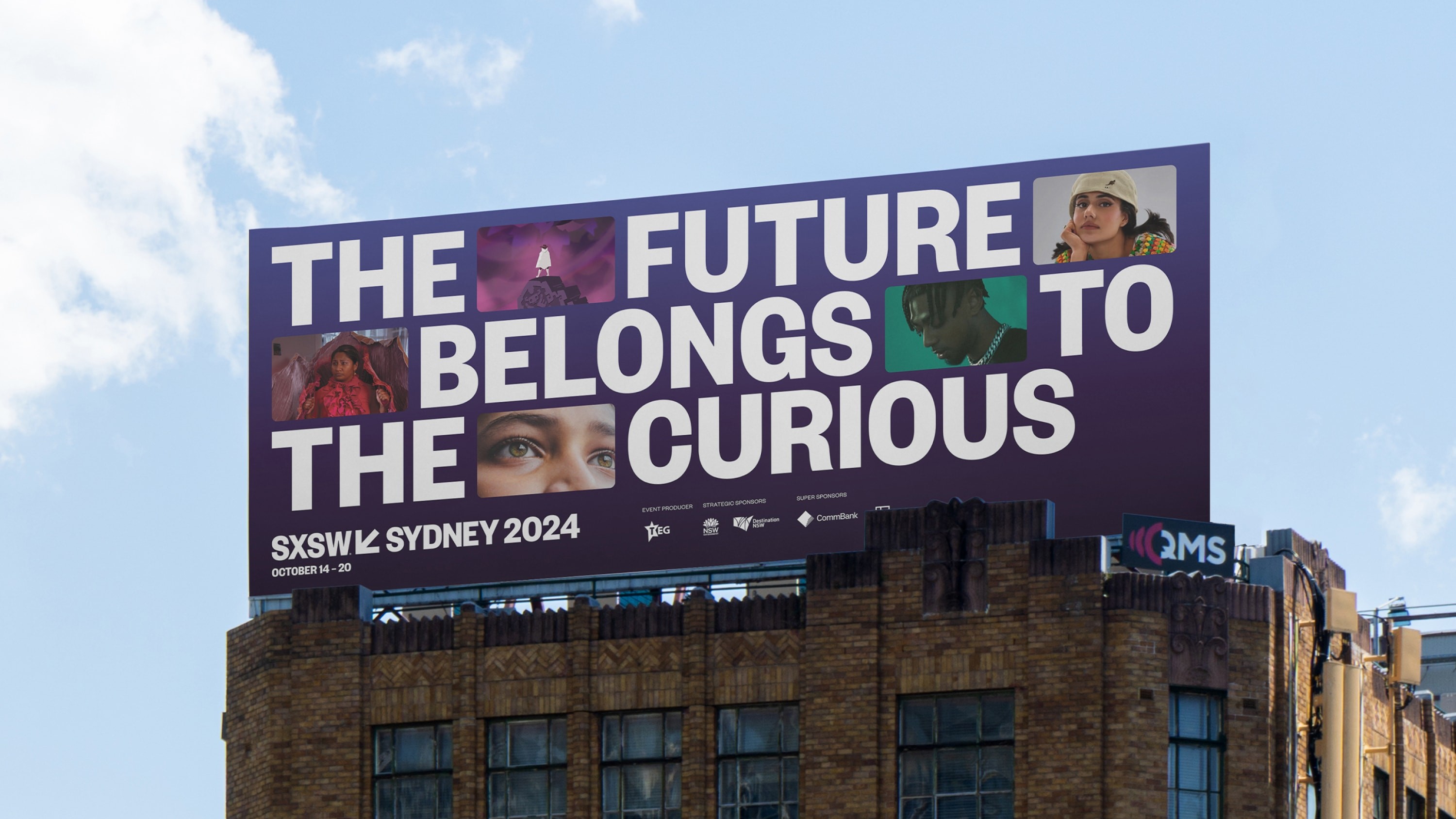 Billboard with campaign headline 'The future belongs to the curious'. Images fill the gaps between the words.