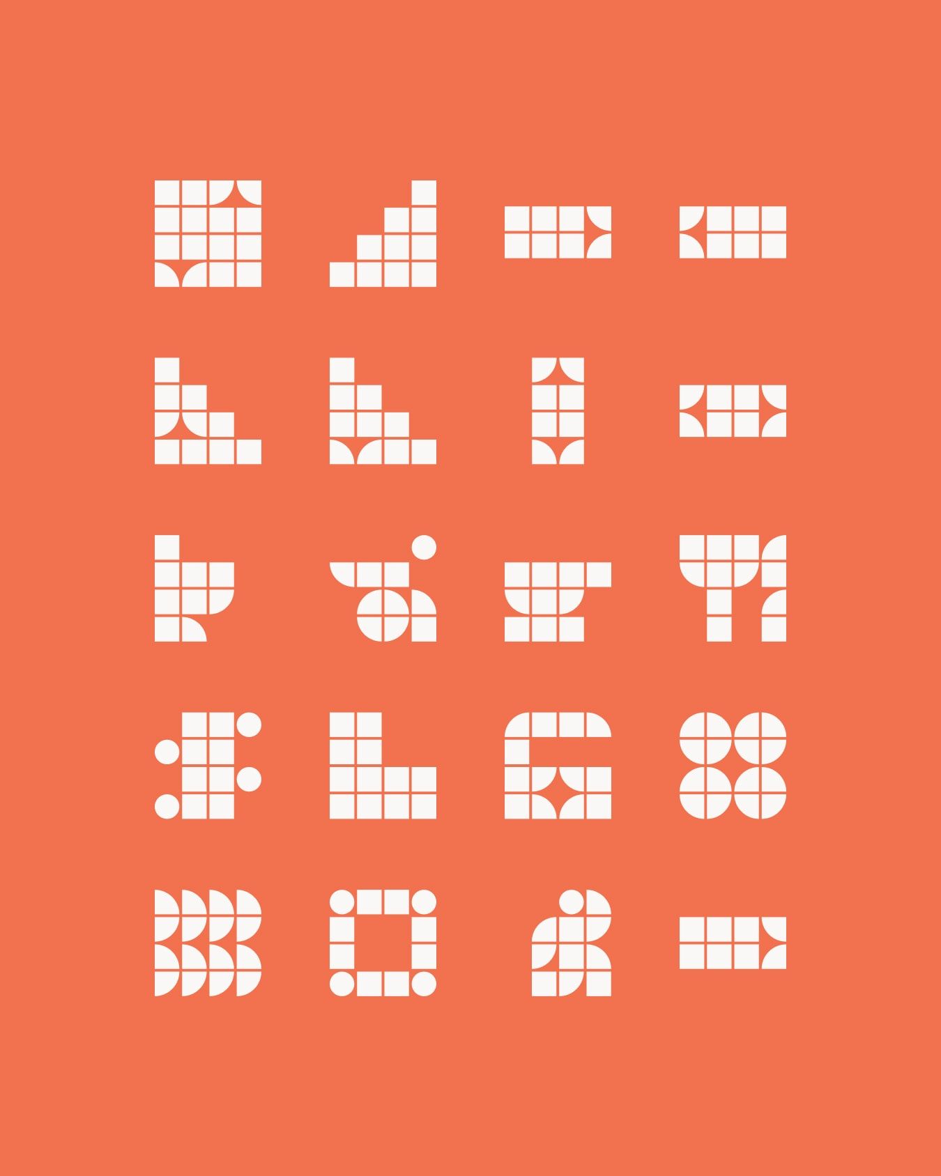 Suite of illustrations made up of squares, quarter circles and circles.