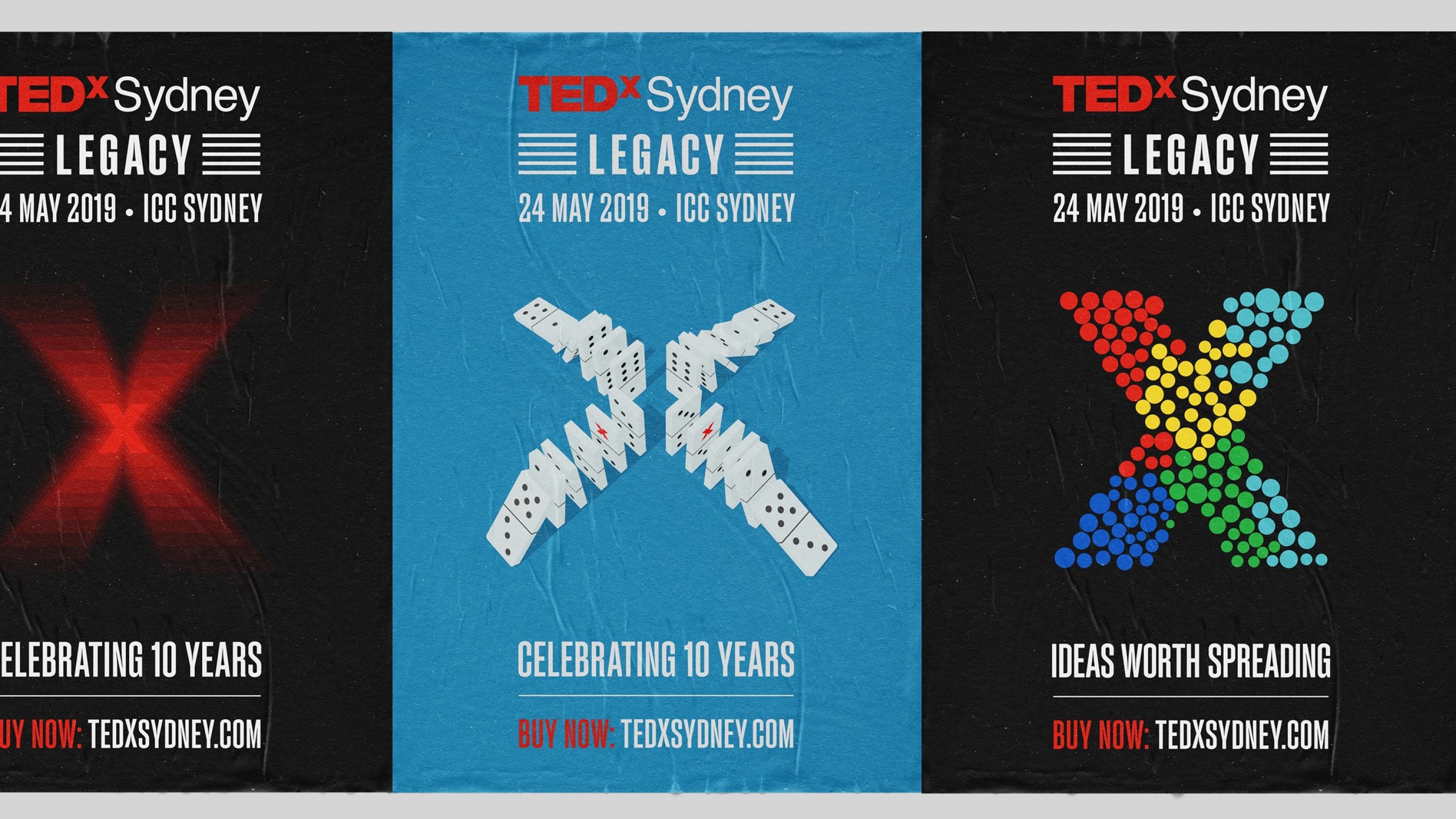 A range of posters promoting the event with variations of the logomark, from an X comprised of randomly sized and coloured circles to an X formed with domino tiles .
