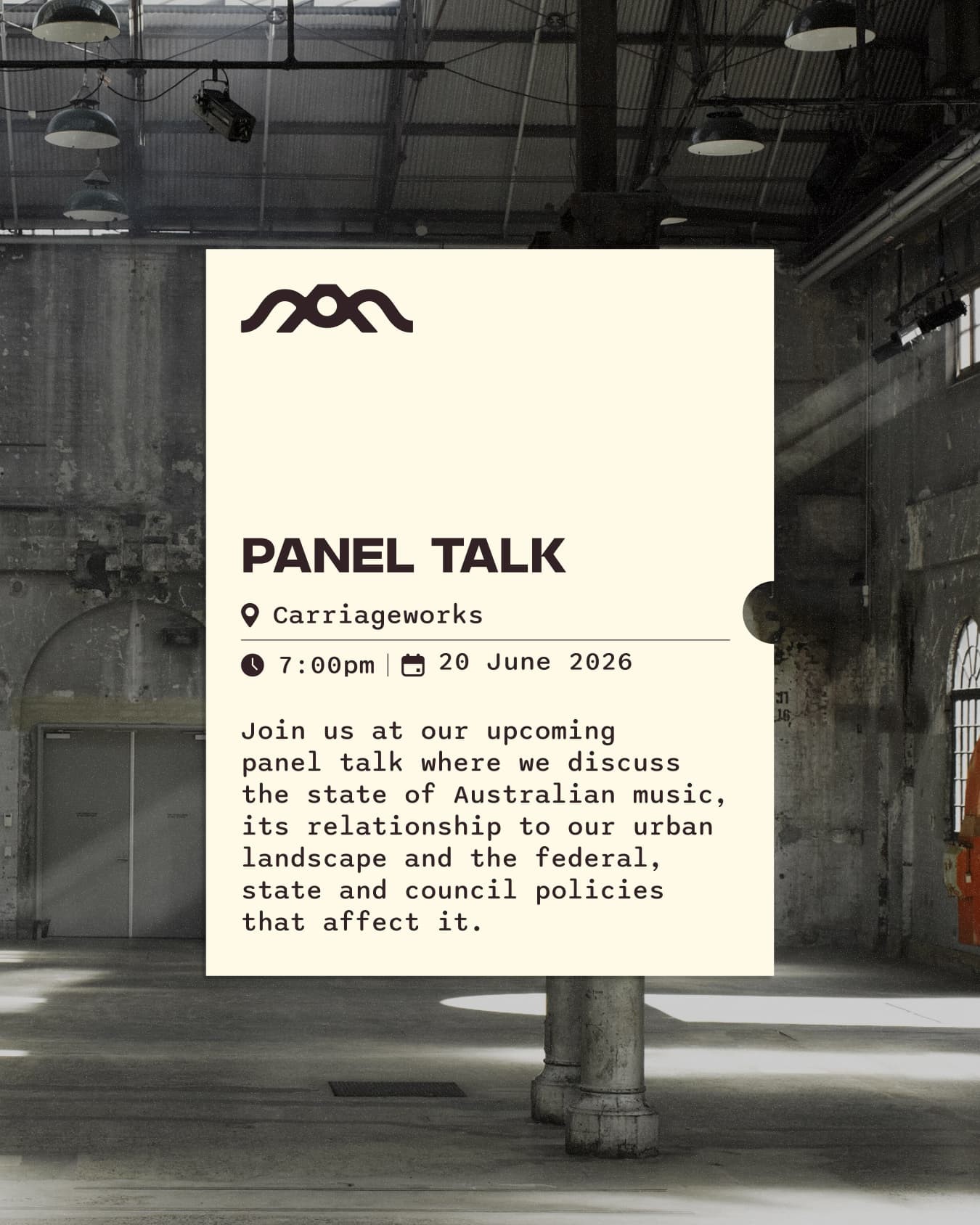 AMTN panel talk poster mounted on a column at Carriageworks.
