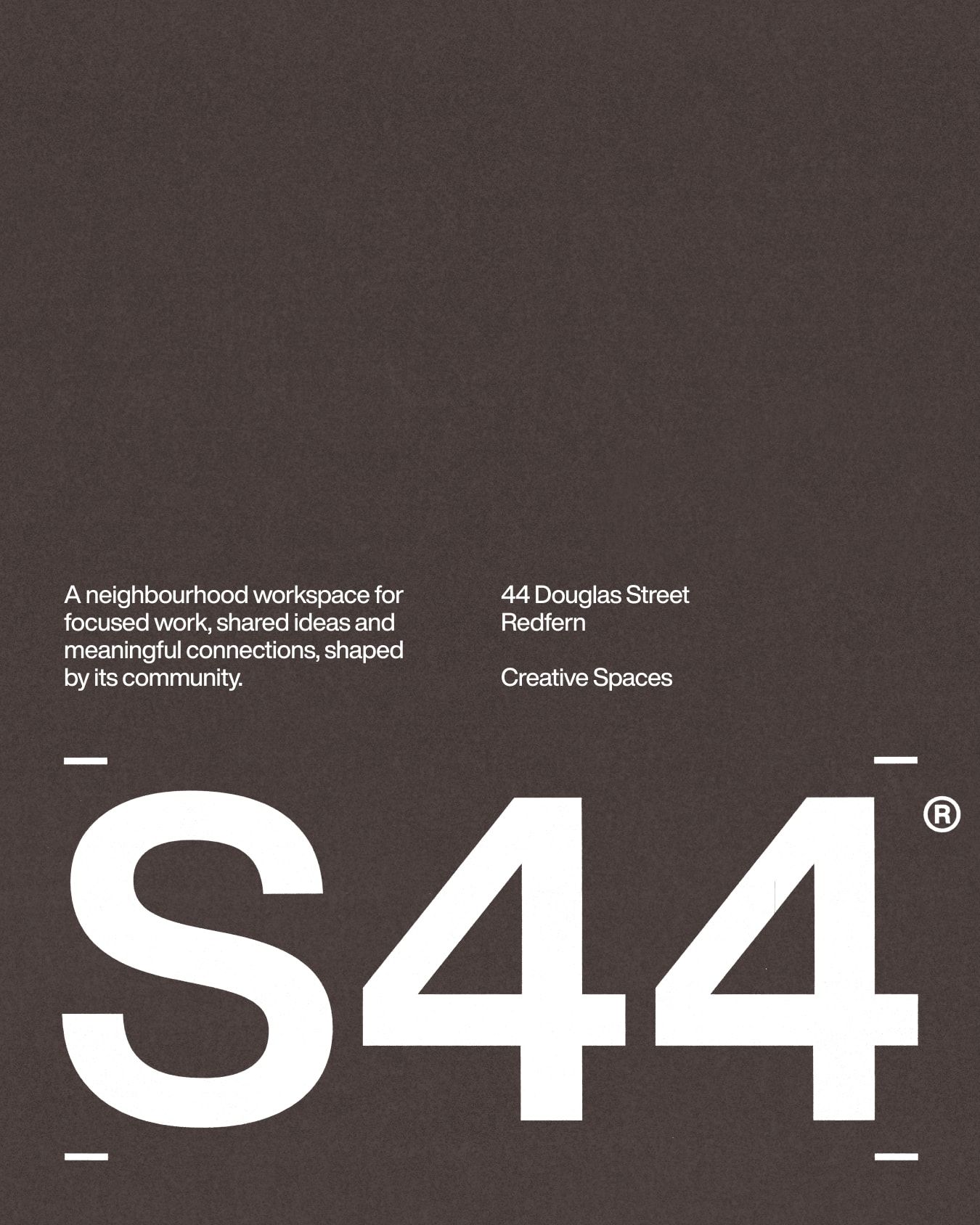 Abbreviated S44 wordmark, surrounded by registration marks and generous negative space.
