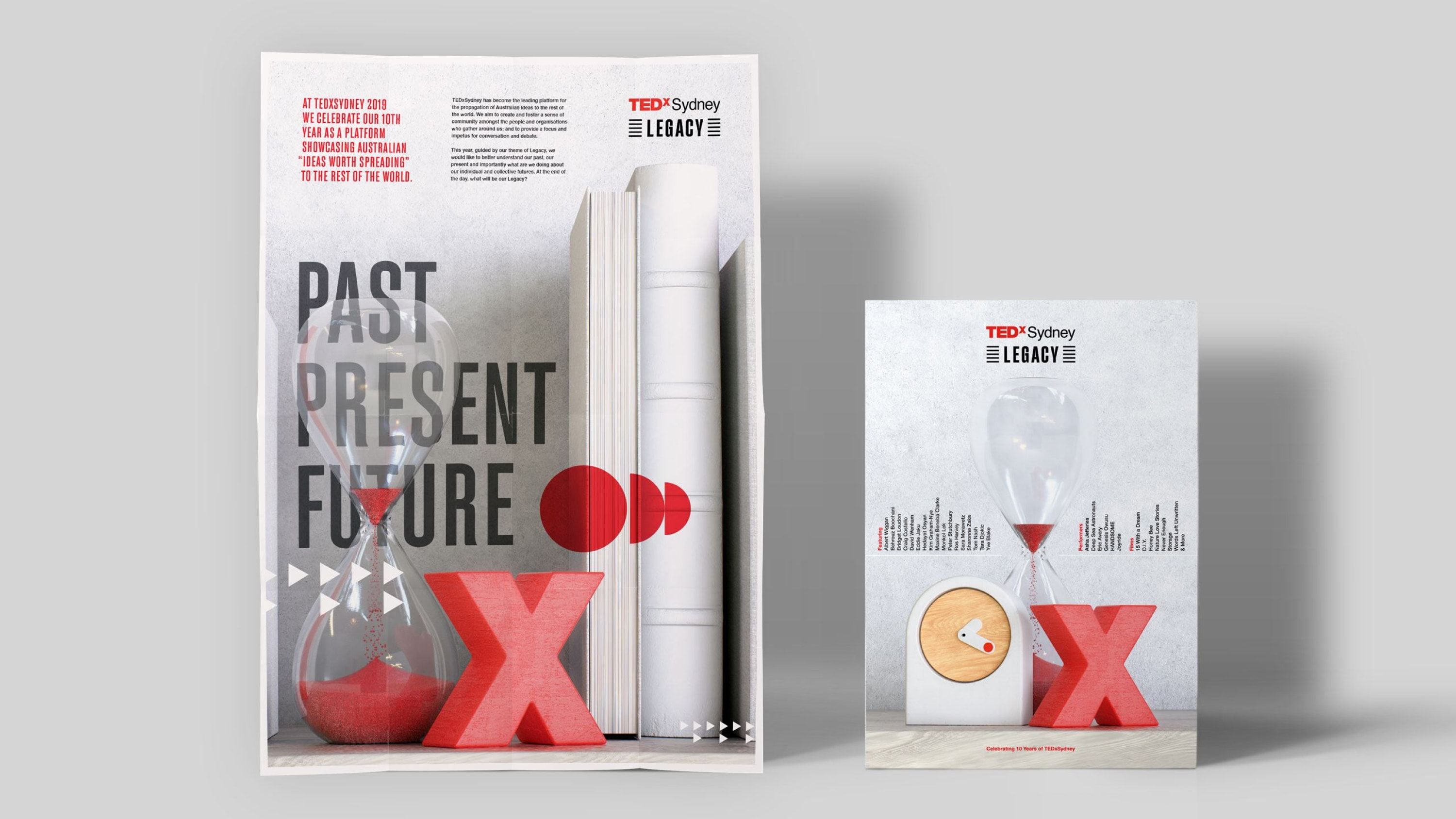Cover designs for event collateral combining typography, geometric detailing and 3D elements including the logomark, an hour glass and clock.