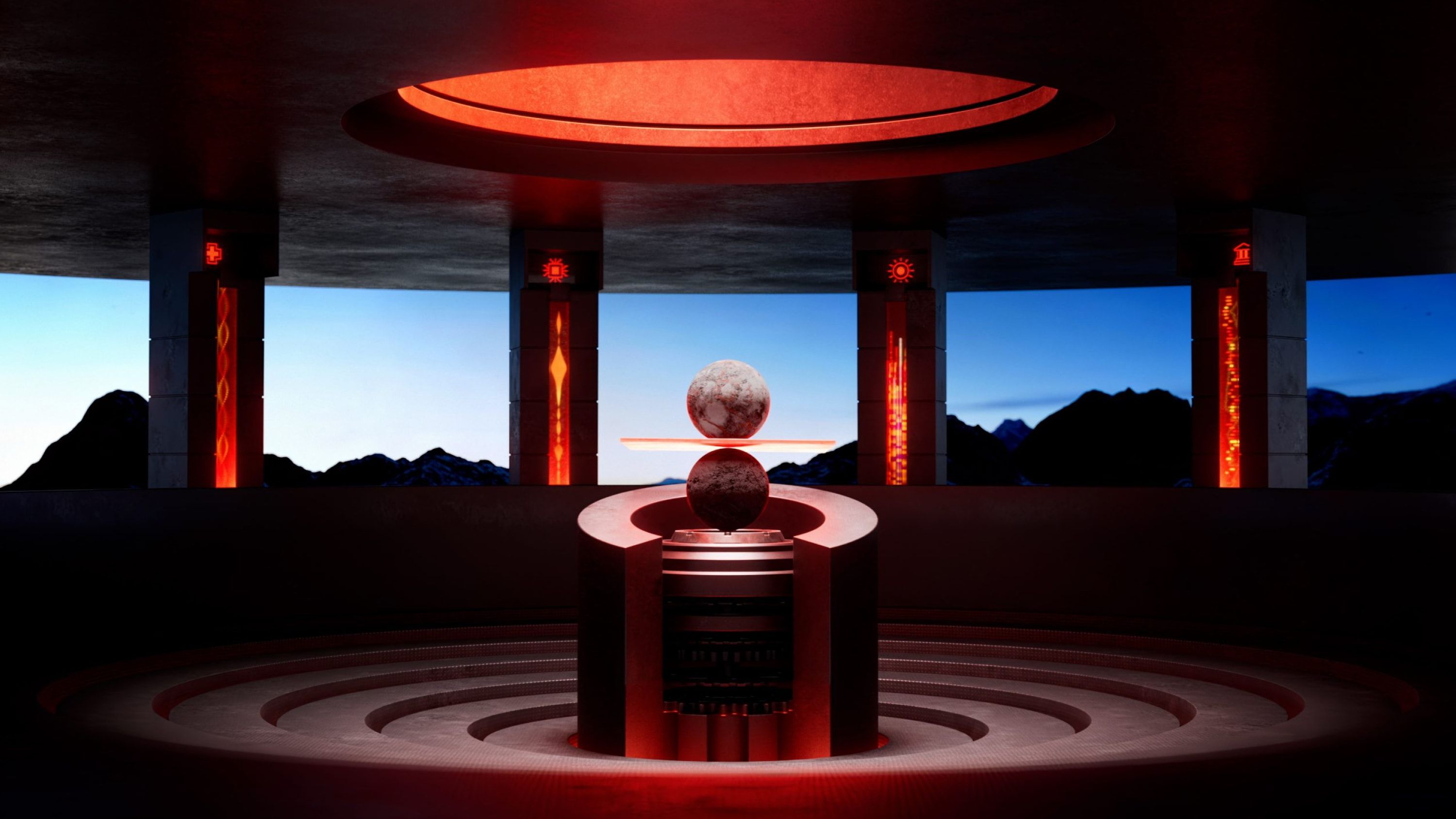 Two spheres balance on top of each other in futuristic room.