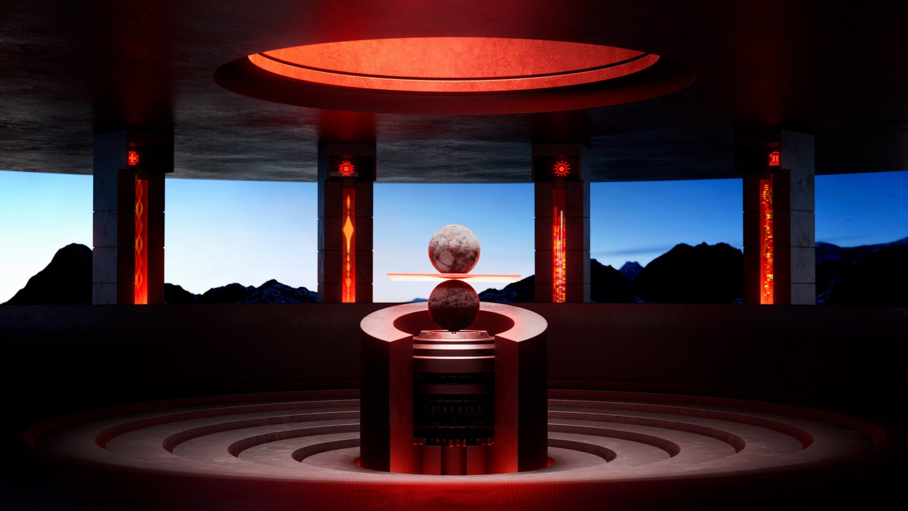 Two spheres balance on top of each other in futuristic room.