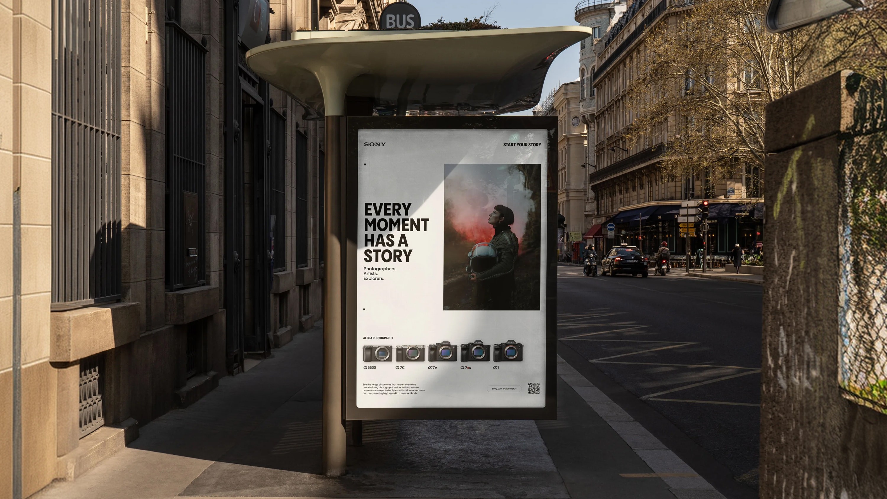 Bus shelter billboard with branding.