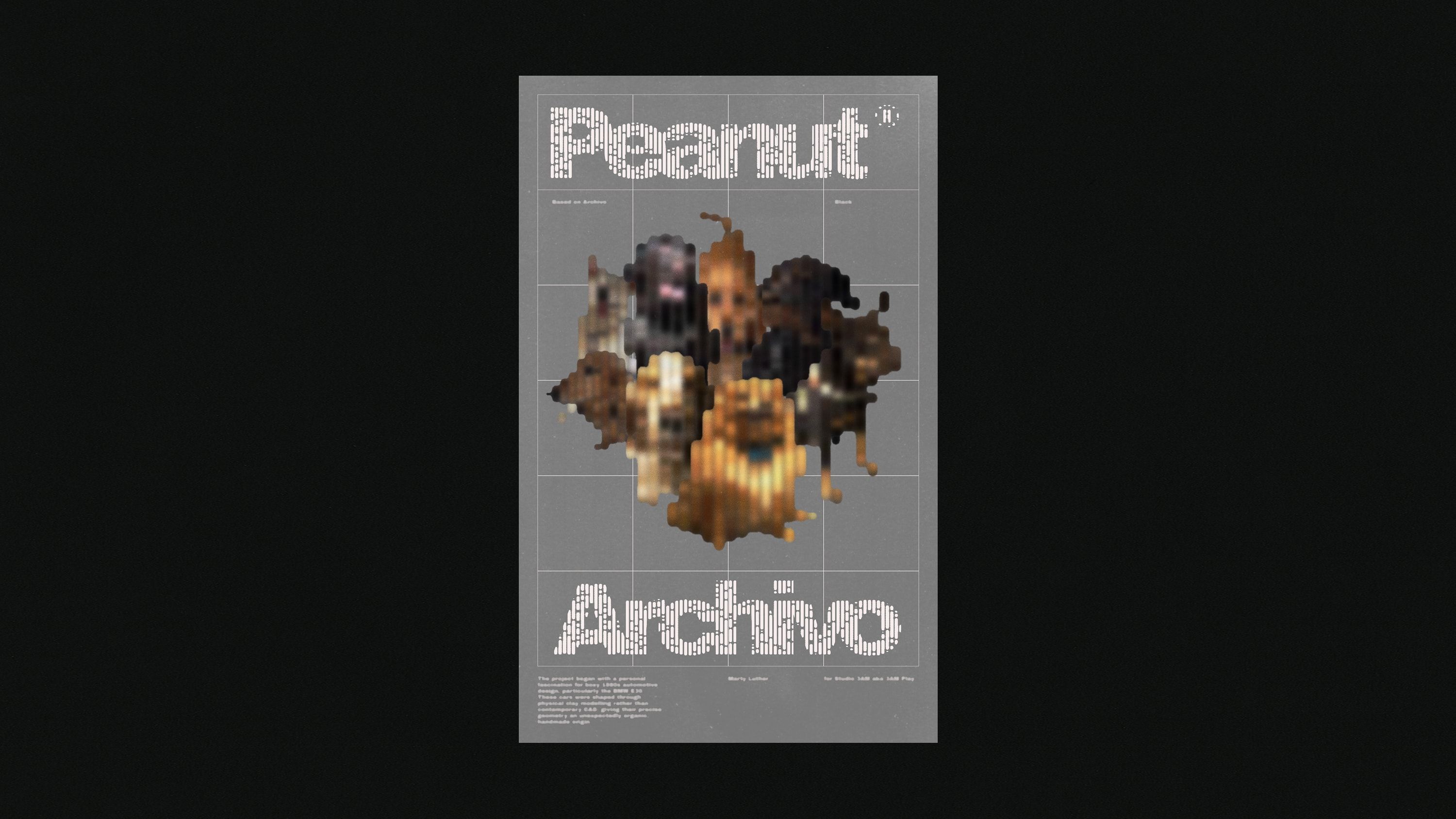 Peanut Archivo poster layout with typography, grid and airbrushed blurred forms of dogs.