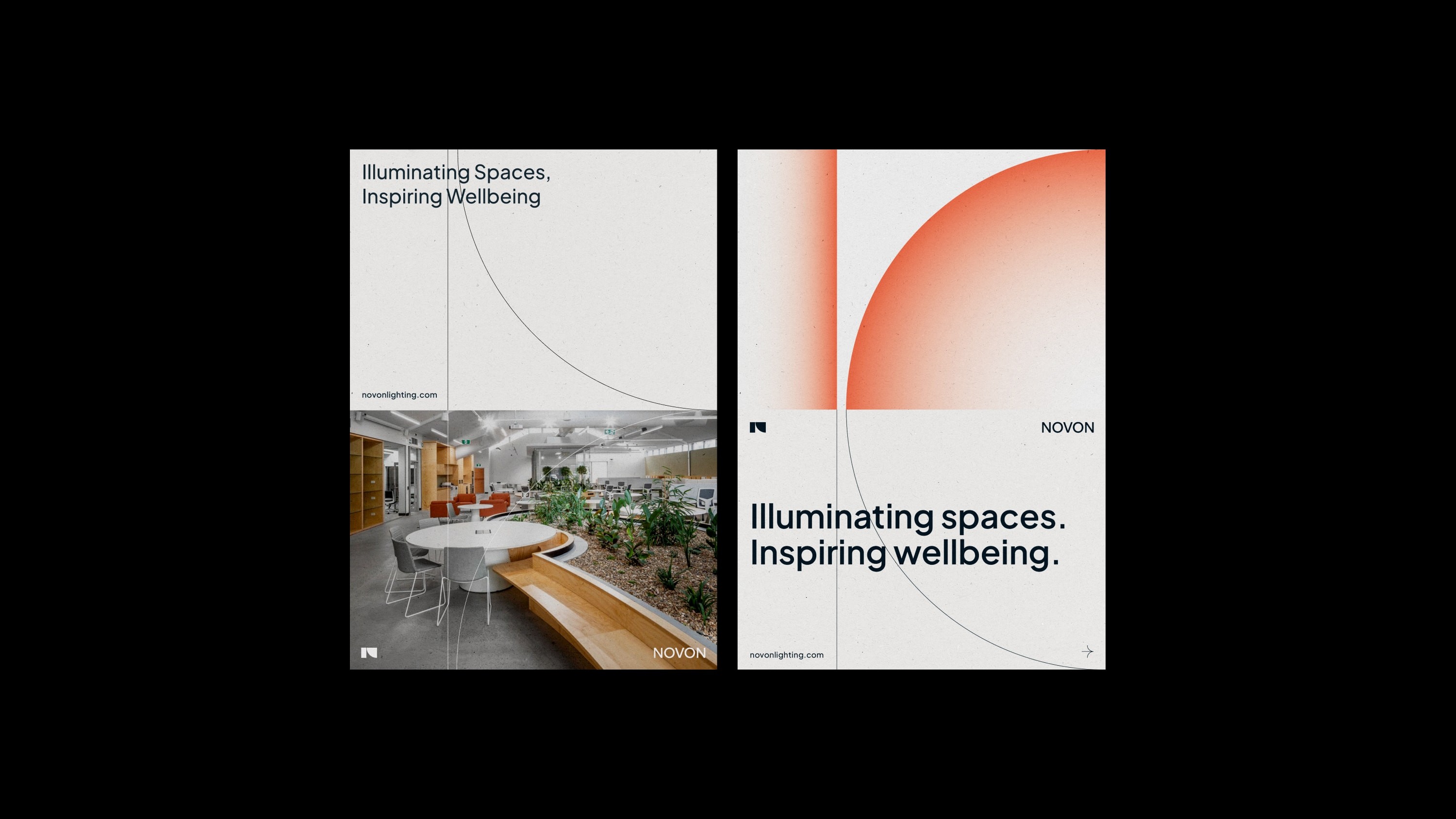 Two posters with copy, imagery and the spaces between lines filled with gradients.