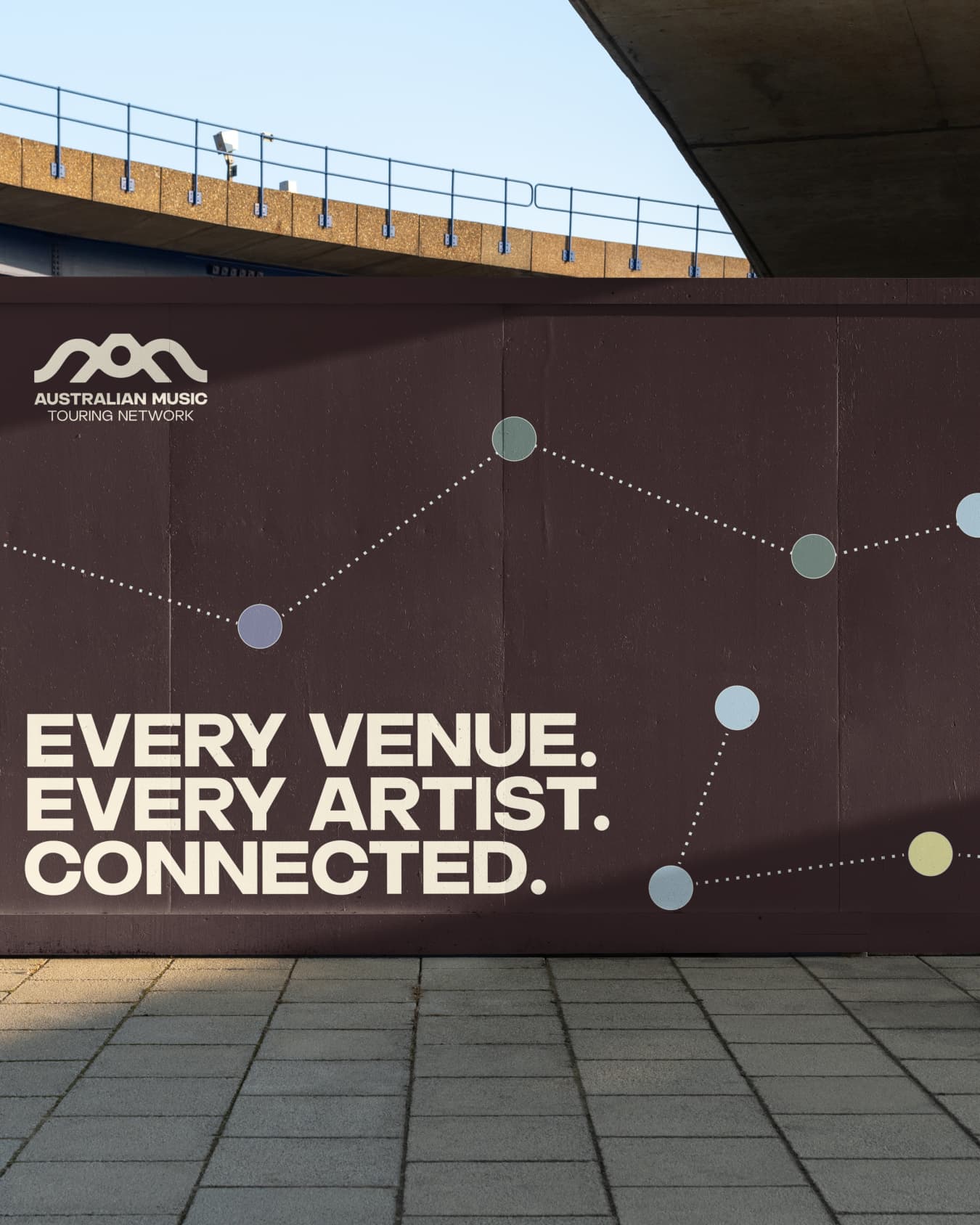 Billboard reading “Every venue. Every artist. Connected.” with circles linked by dotted routes.
